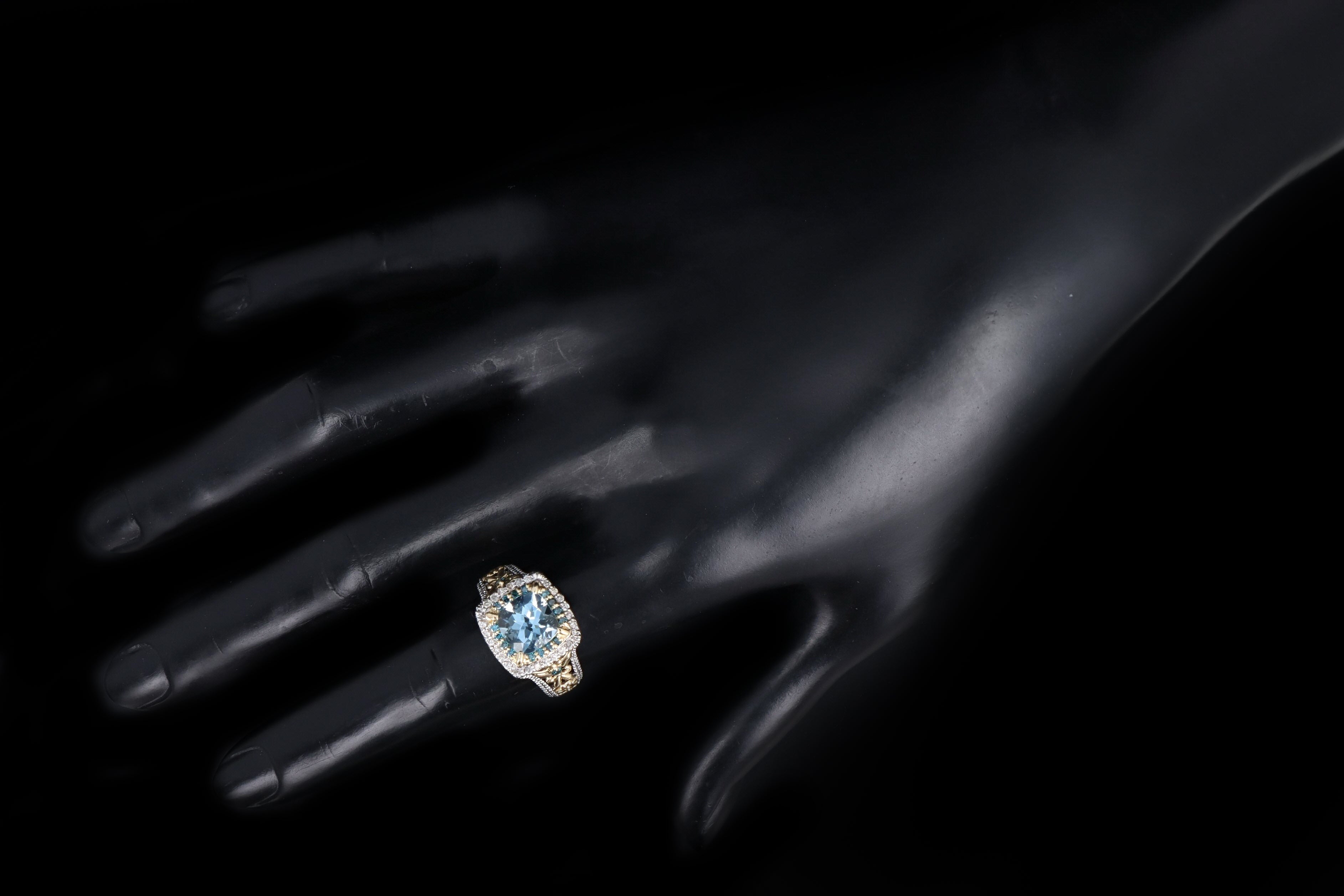 14K Two Tone Gold 2.0 Carat Aquamarine & Blue Diamond Ring - Queen May