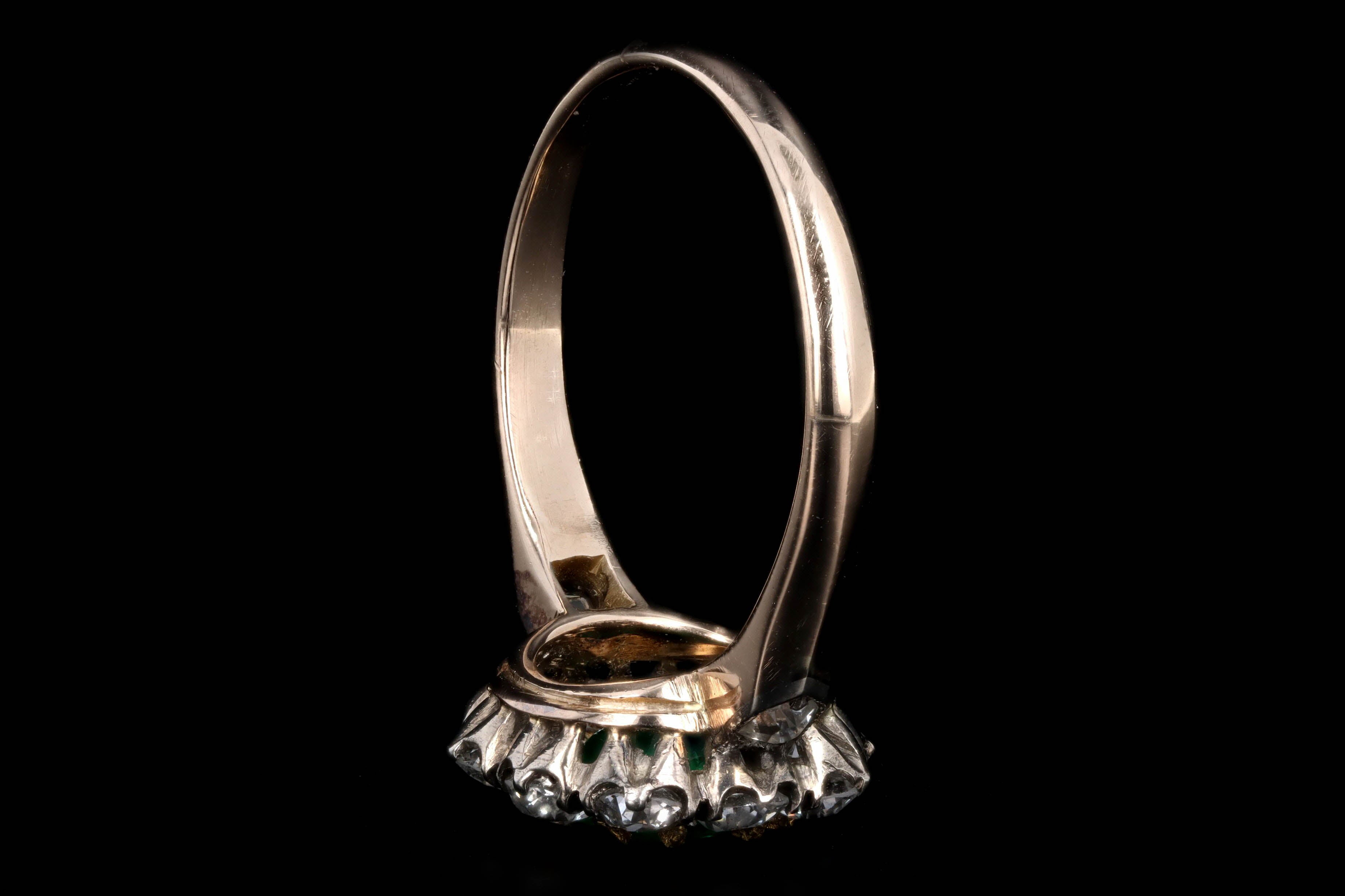 Victorian Inspired 18K Yellow Gold & Platinum 0.77 Carat Natural Emerald & Old European Cut Diamond Halo Cluster Ring - Queen May