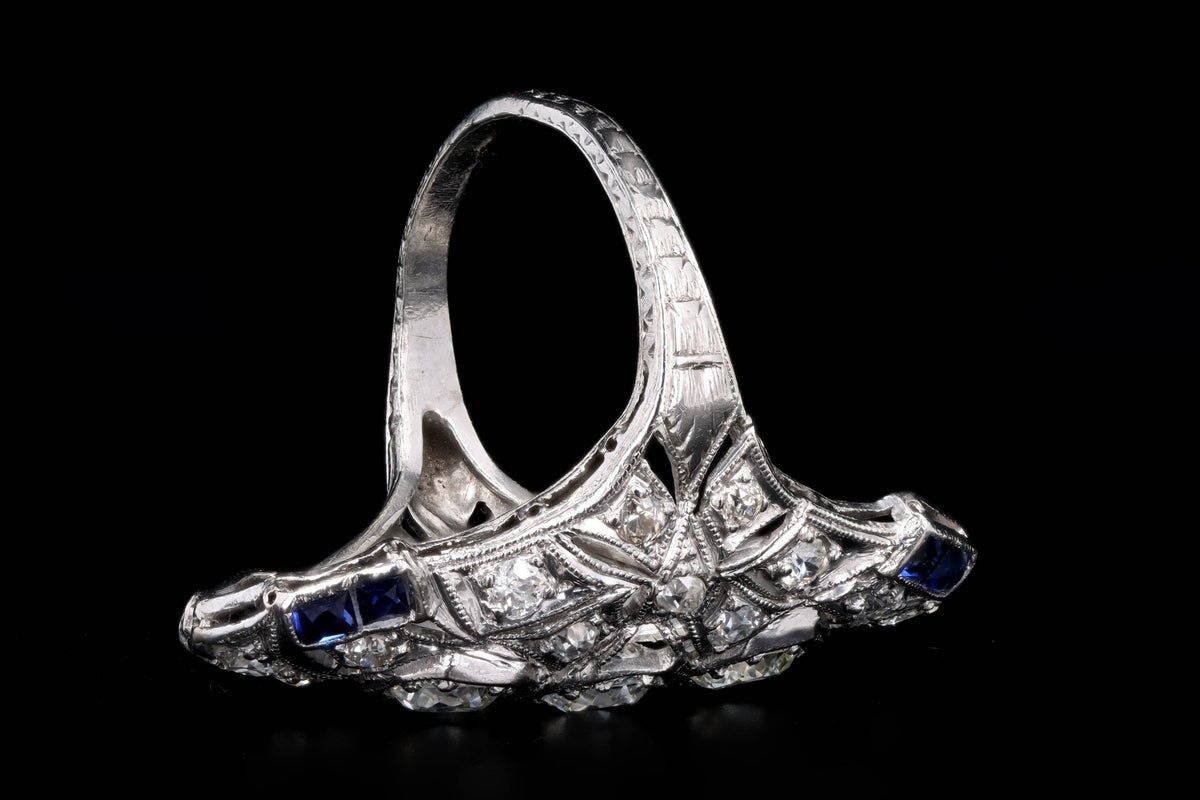 Art Deco Platinum Old European Cut Diamond Three Stone and French Cut Sapphire Hand Engraved Shield Ring - Queen May