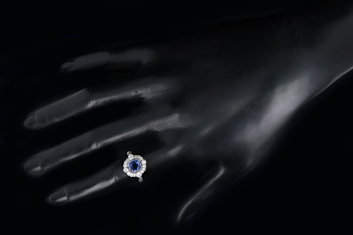 Art Deco Inspired Platinum 1.15 Carat Cushion Cut Natural Sapphire & Old European Cut Diamond Halo Cluster Ring - Queen May