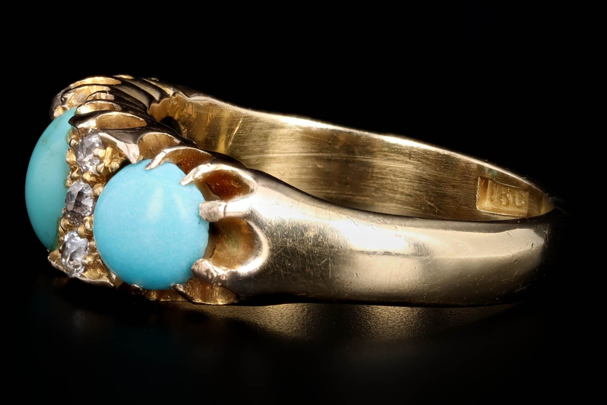 Victorian 18K Yellow Gold Cabochon Cut Turquoise & Old Mine Cut Diamond Three Stone Ring - Queen May