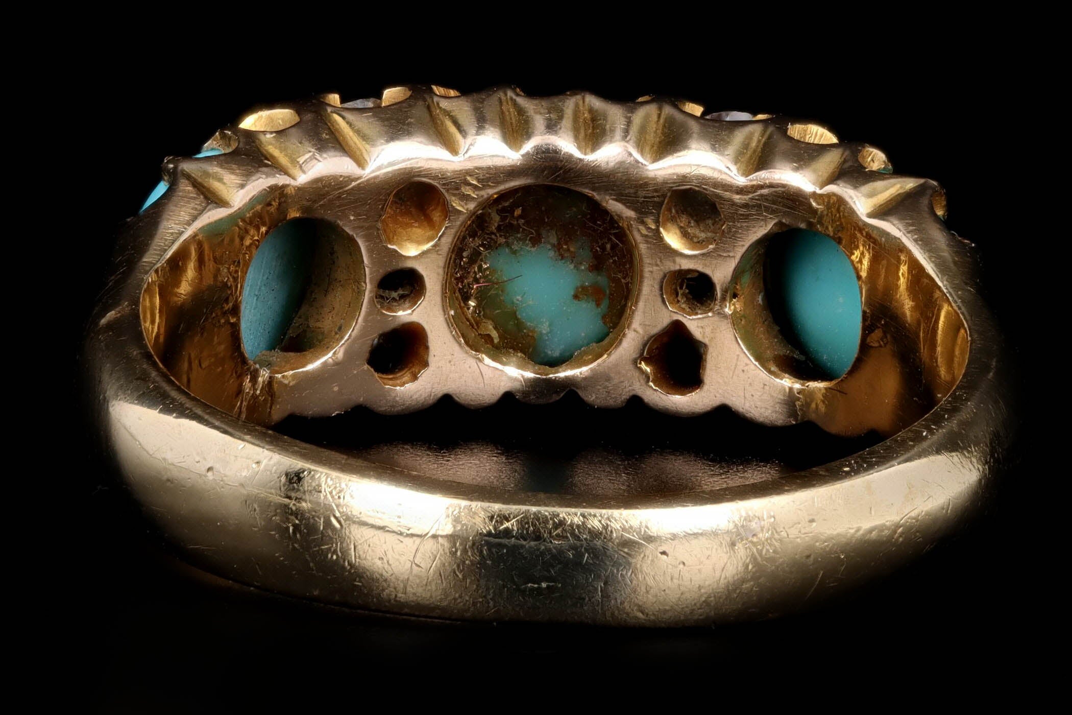 Victorian 18K Yellow Gold Cabochon Cut Turquoise & Old Mine Cut Diamond Three Stone Ring - Queen May