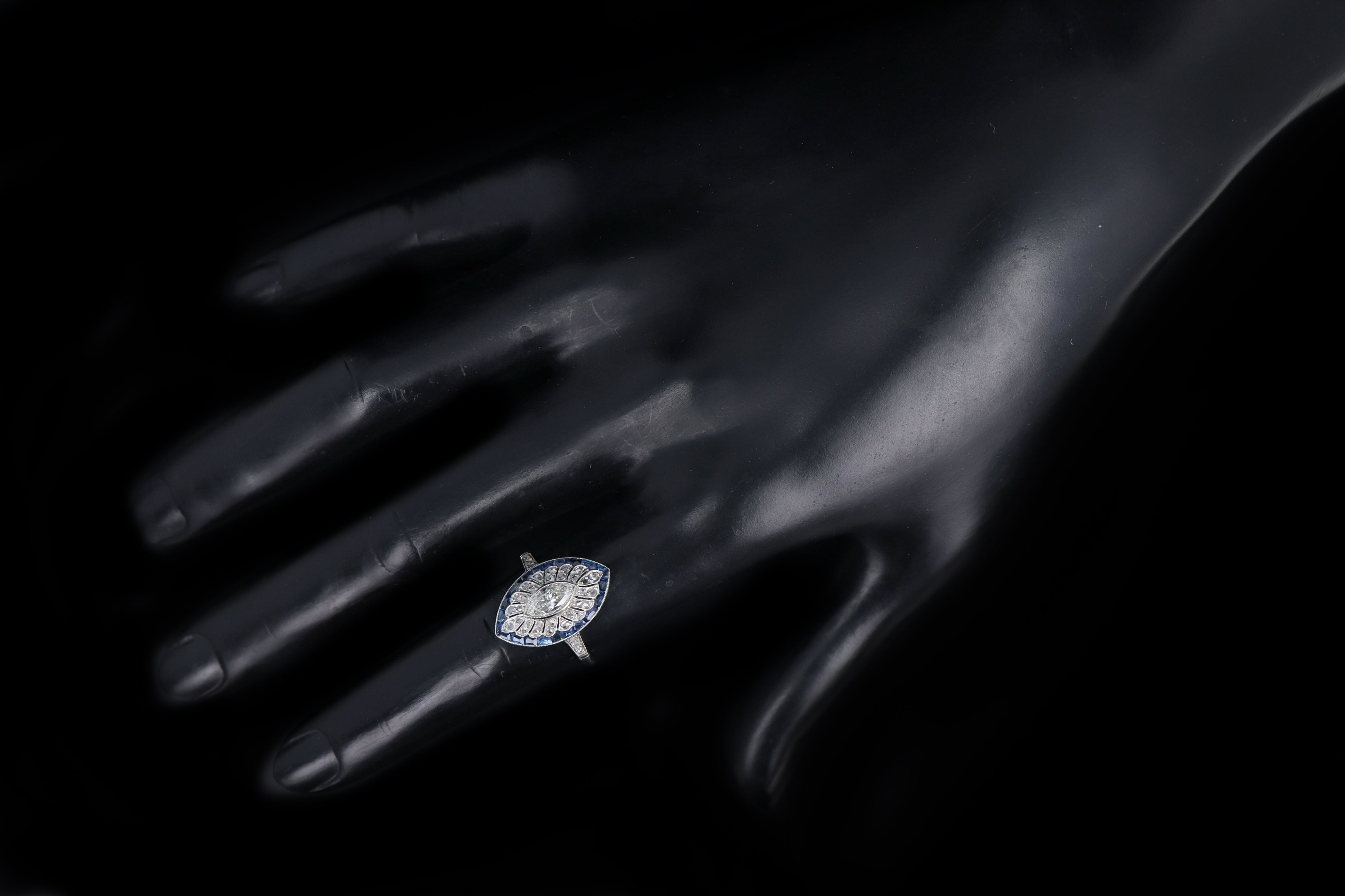Art Deco Inspired Platinum .60 Carat Marquise Cut Diamond & Sapphire Ring - Queen May