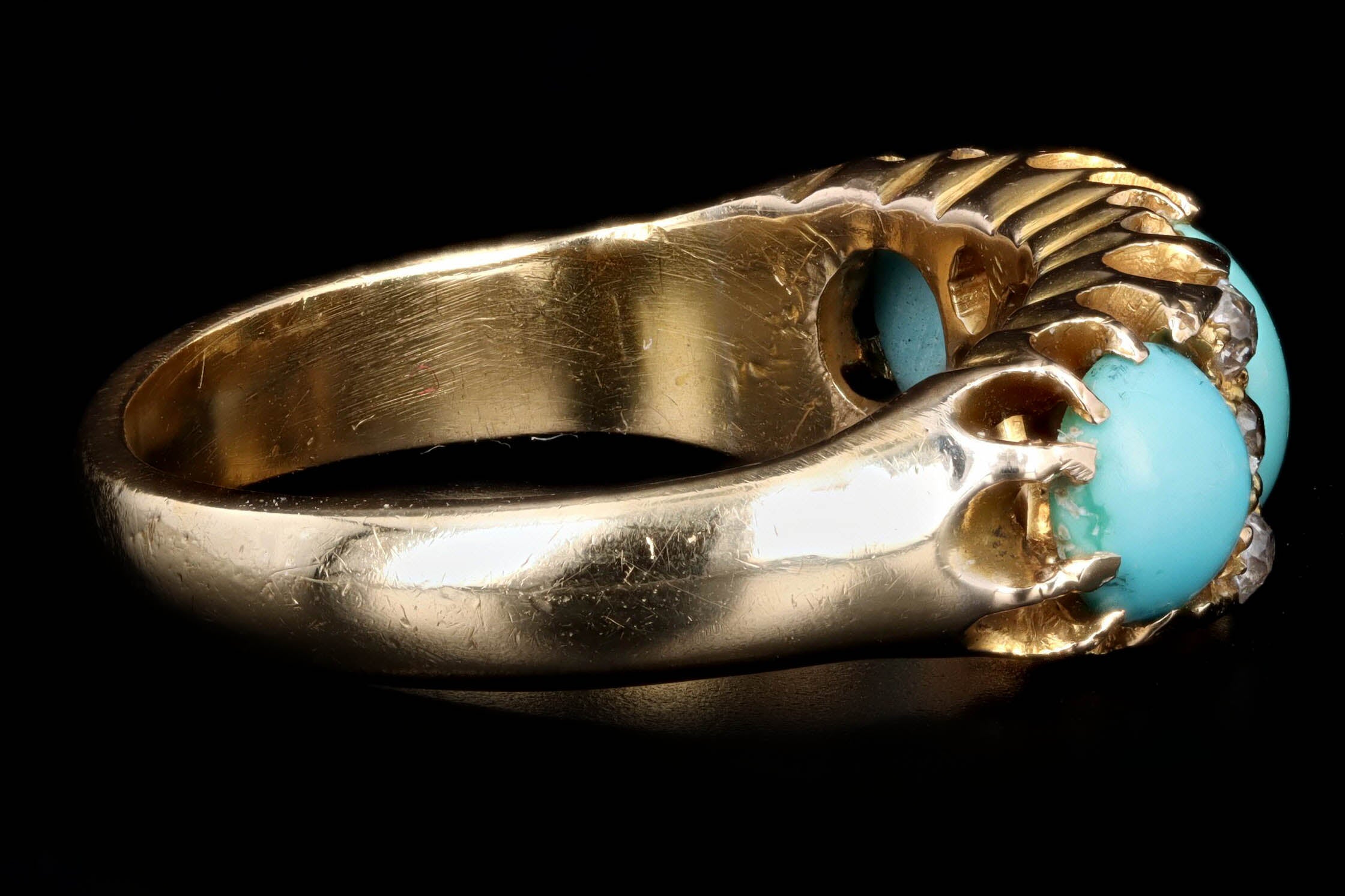 Victorian 18K Yellow Gold Cabochon Cut Turquoise & Old Mine Cut Diamond Three Stone Ring - Queen May