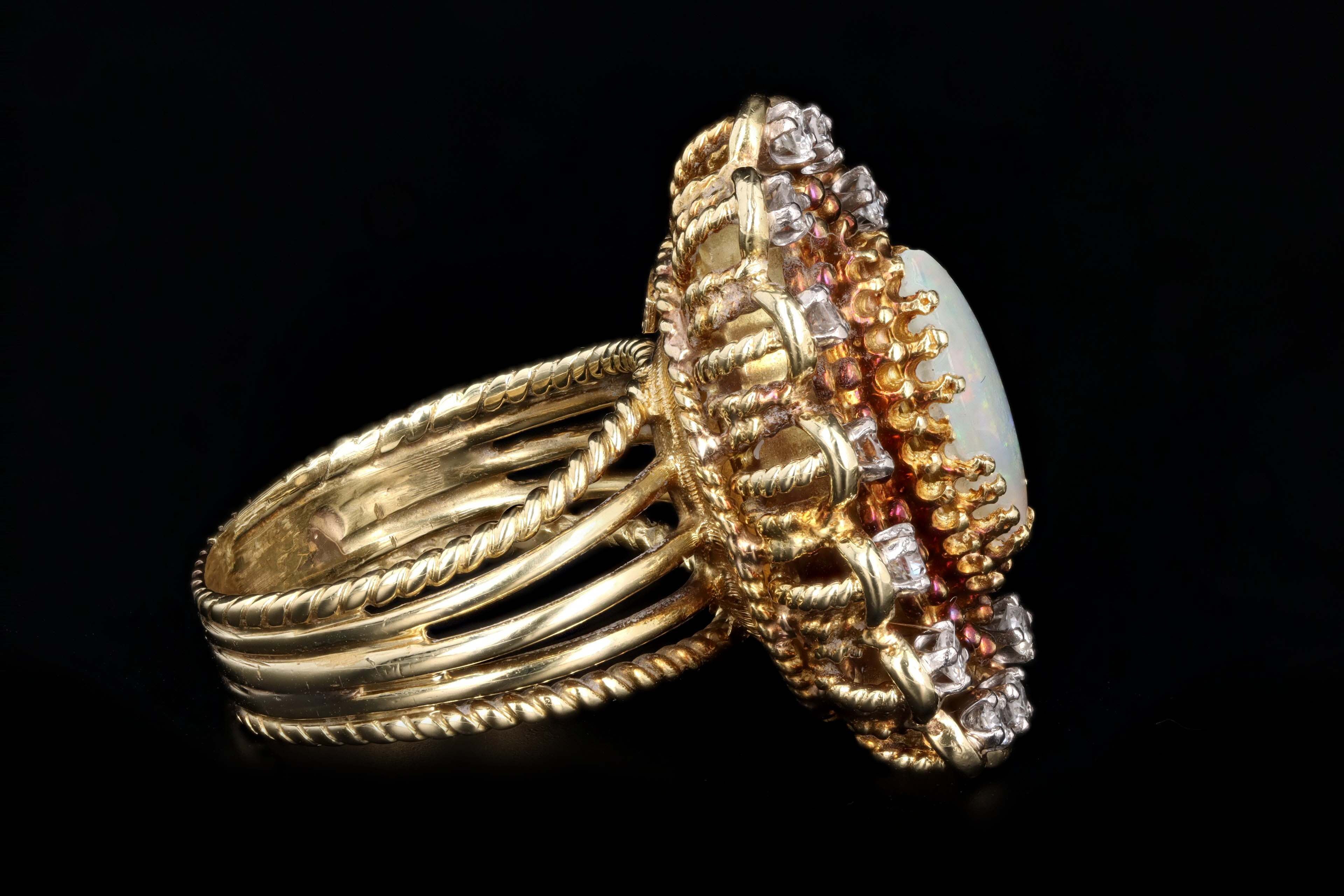 Vintage 14K Yellow Gold .75 Carat Marquise Cabochon Opal & Diamond Ring - Queen May