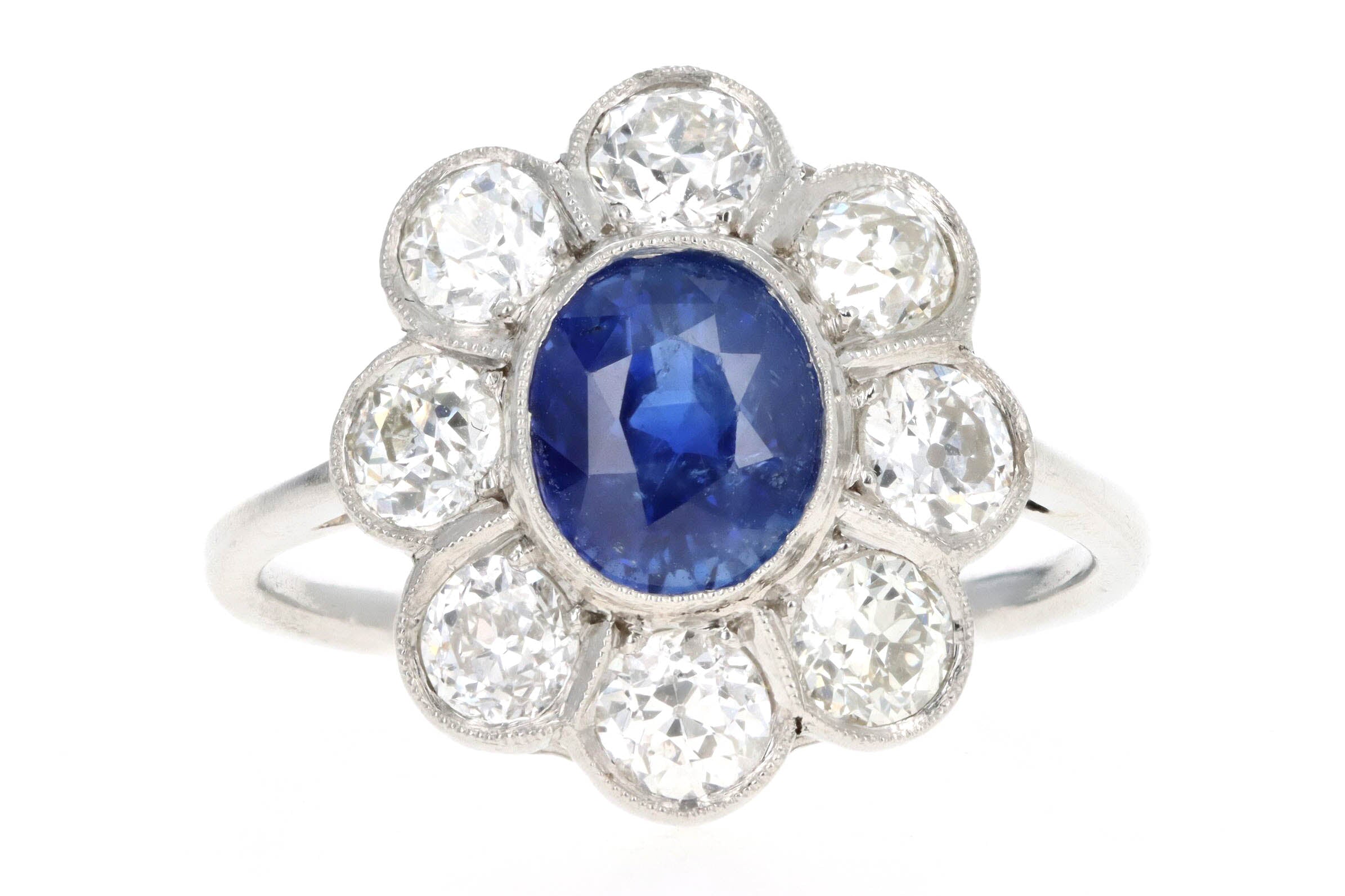 Art Deco Inspired Platinum 2.21 Carat Oval Cut Natural Sapphire & Old European Cut Diamond Halo Cluster Ring - Queen May
