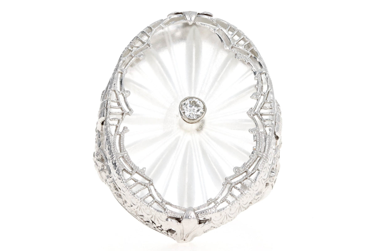 Art Deco 14K White Gold Rock Crystal Quartz & Diamond Filigree Ring - Queen May