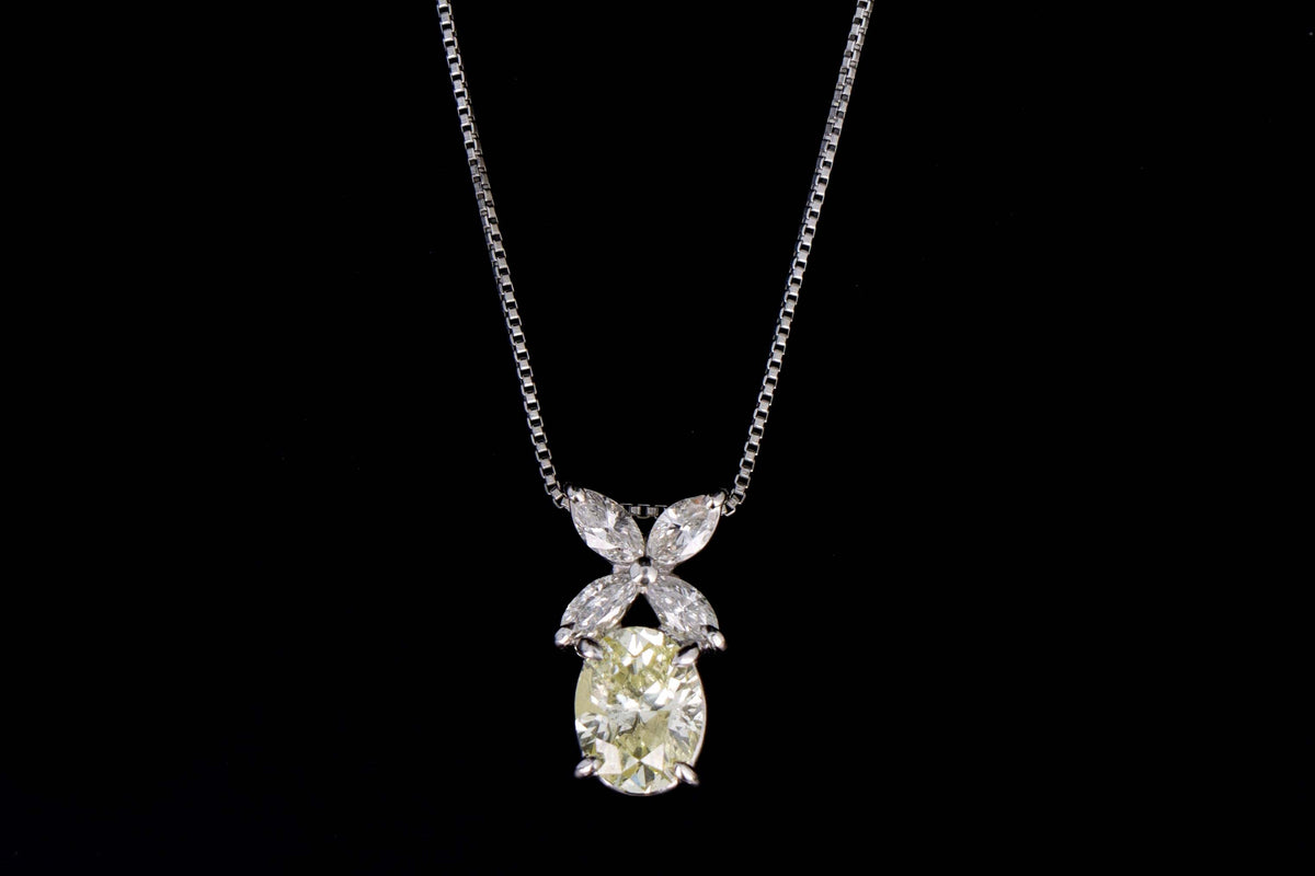 Platinum 1.33 Carat Oval Cut Light Yellow Diamond Pendant Necklace - Queen May