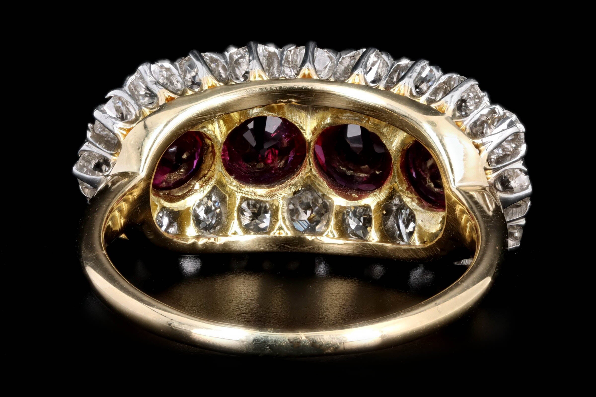 Victorian 18K Yellow Gold Four Round Natural Ruby & Old European Cut Diamond Ring - Queen May