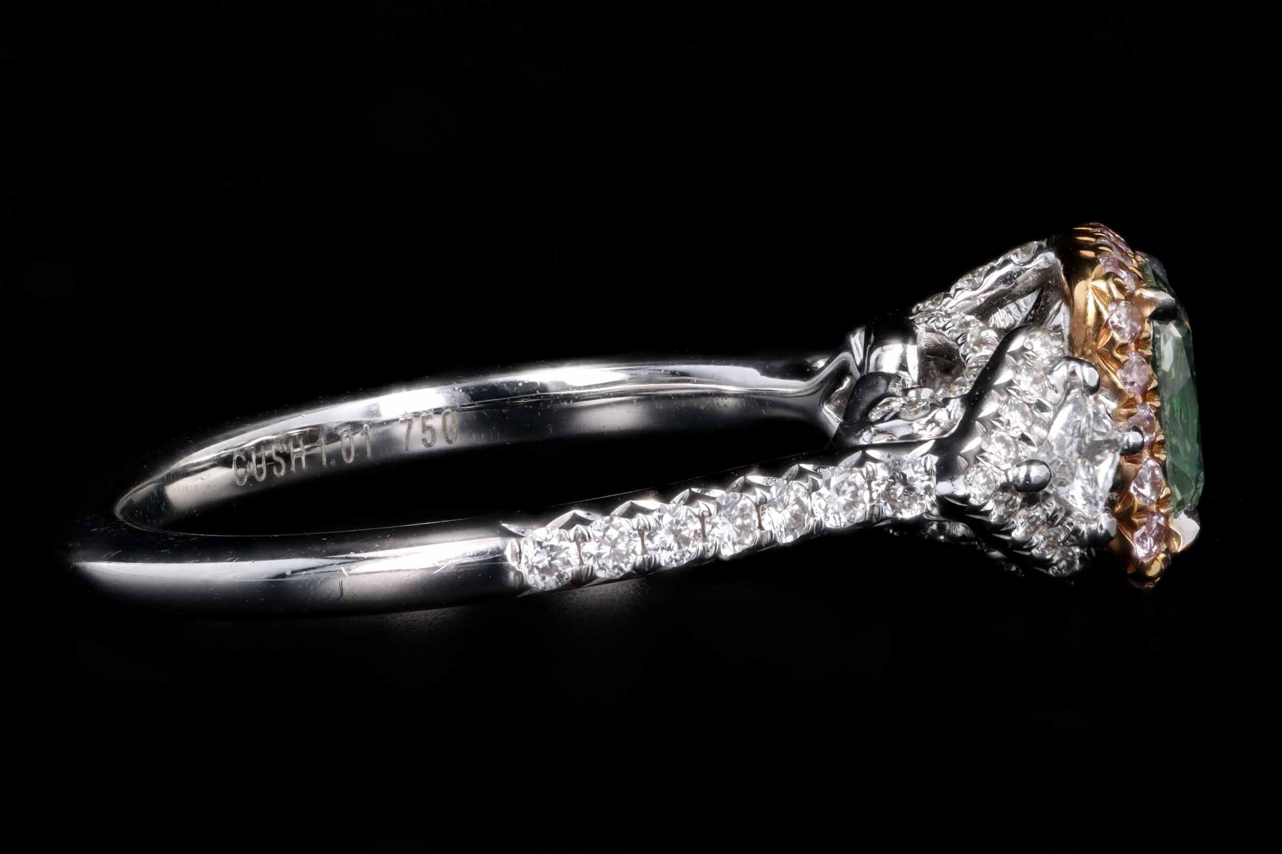18K White Gold 1.01 Carat Cushion Cut Natural Fancy Yellowish Green Diamond & Light Pink Diamond Engagement Ring GIA Certified - Queen May