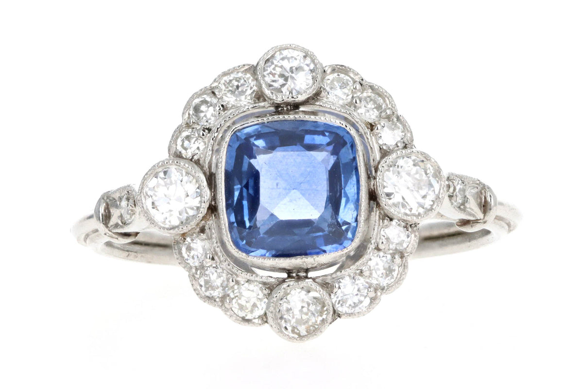 Art Deco Inspired Platinum 1.15 Carat Cushion Cut Natural Sapphire & Old European Cut Diamond Halo Cluster Ring - Queen May