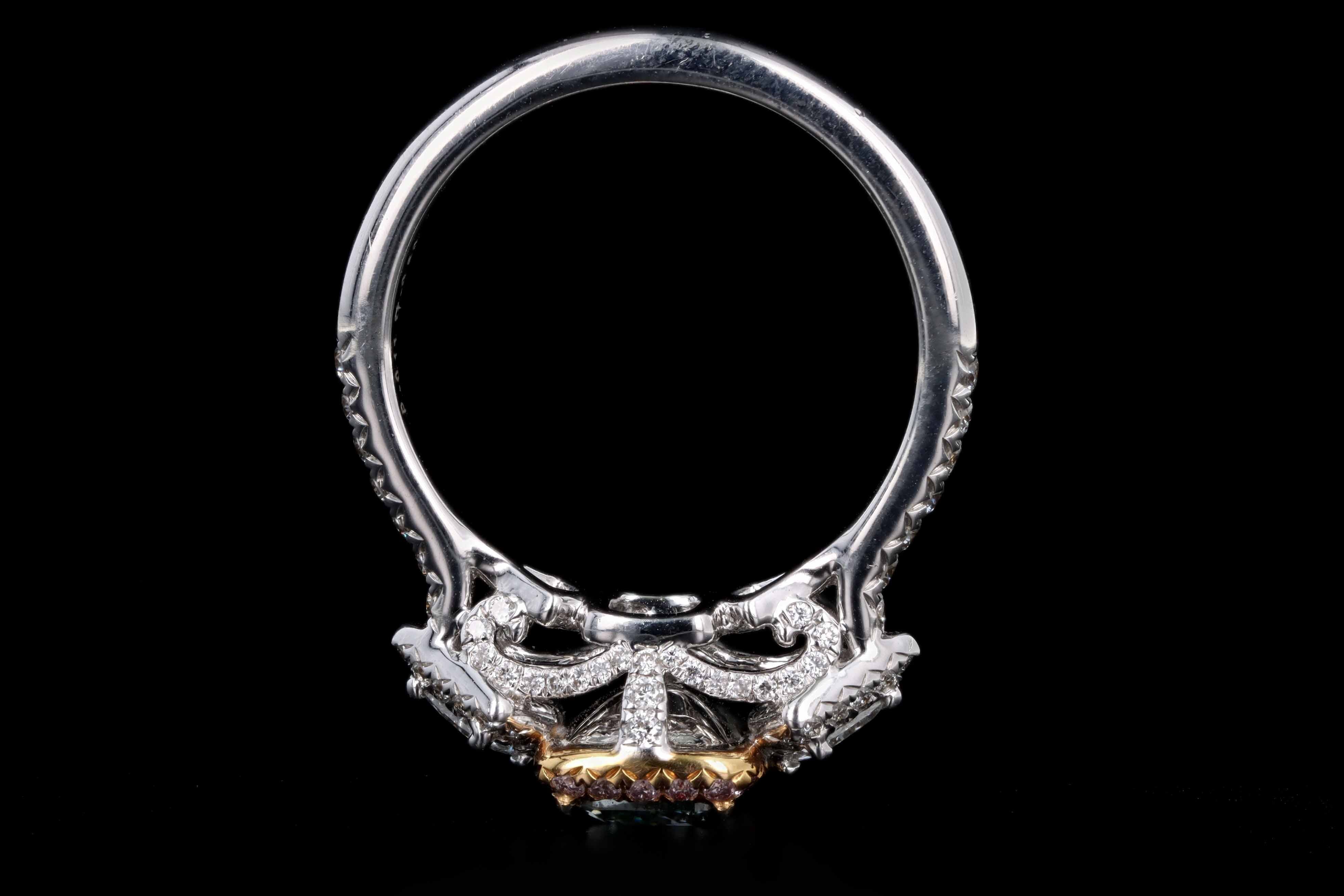 18K White Gold 1.01 Carat Cushion Cut Natural Fancy Yellowish Green Diamond & Light Pink Diamond Engagement Ring GIA Certified - Queen May