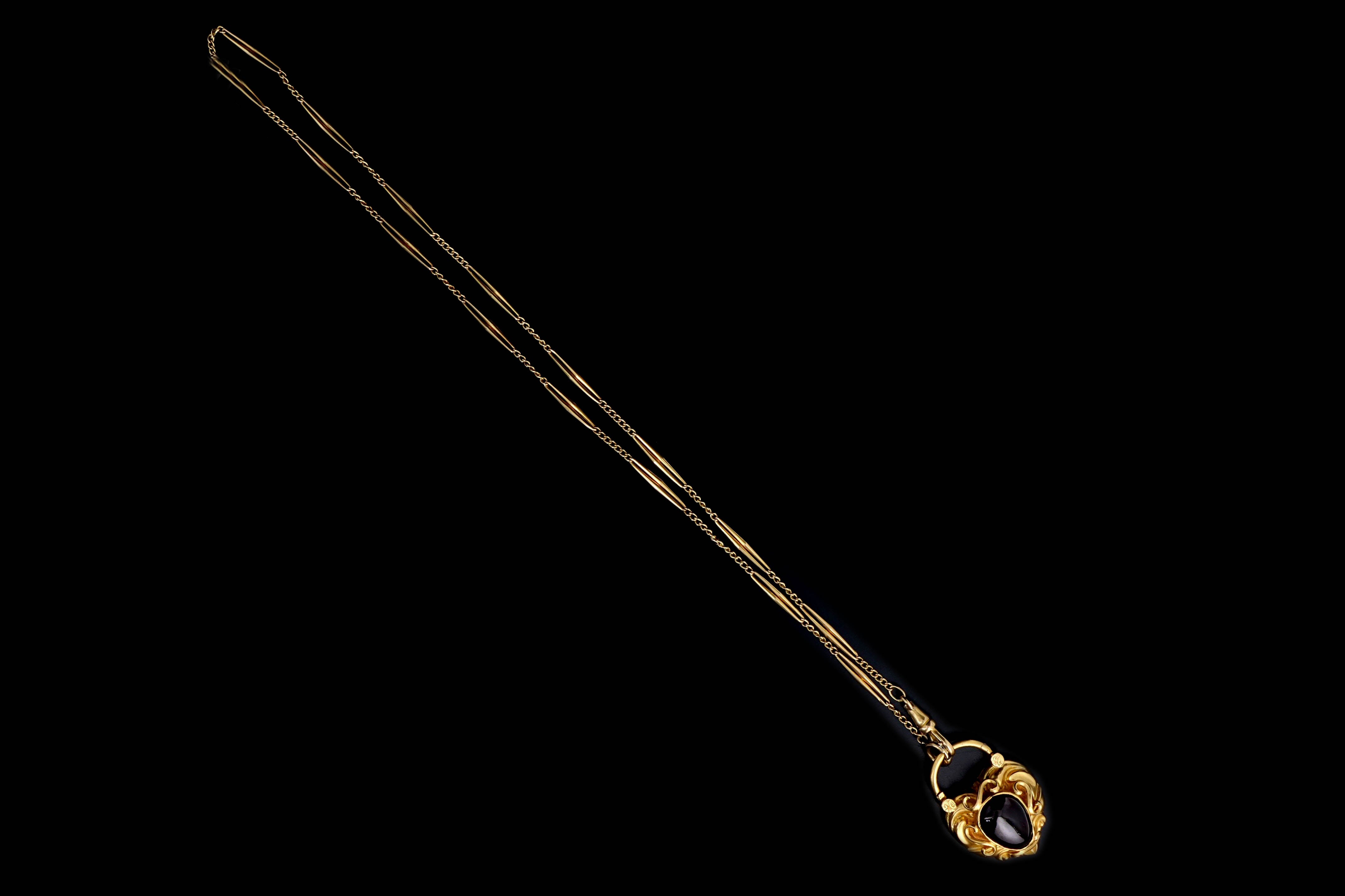 Victorian 15K Yellow Gold Garnet Heart Padlock Pendant on a 18K Pocket Watch Chain Necklace - Queen May