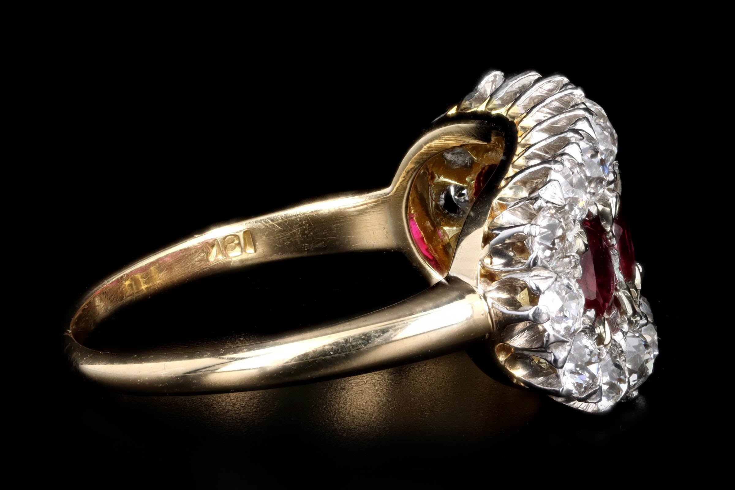 Victorian 18K Yellow Gold Four Round Natural Ruby & Old European Cut Diamond Ring - Queen May
