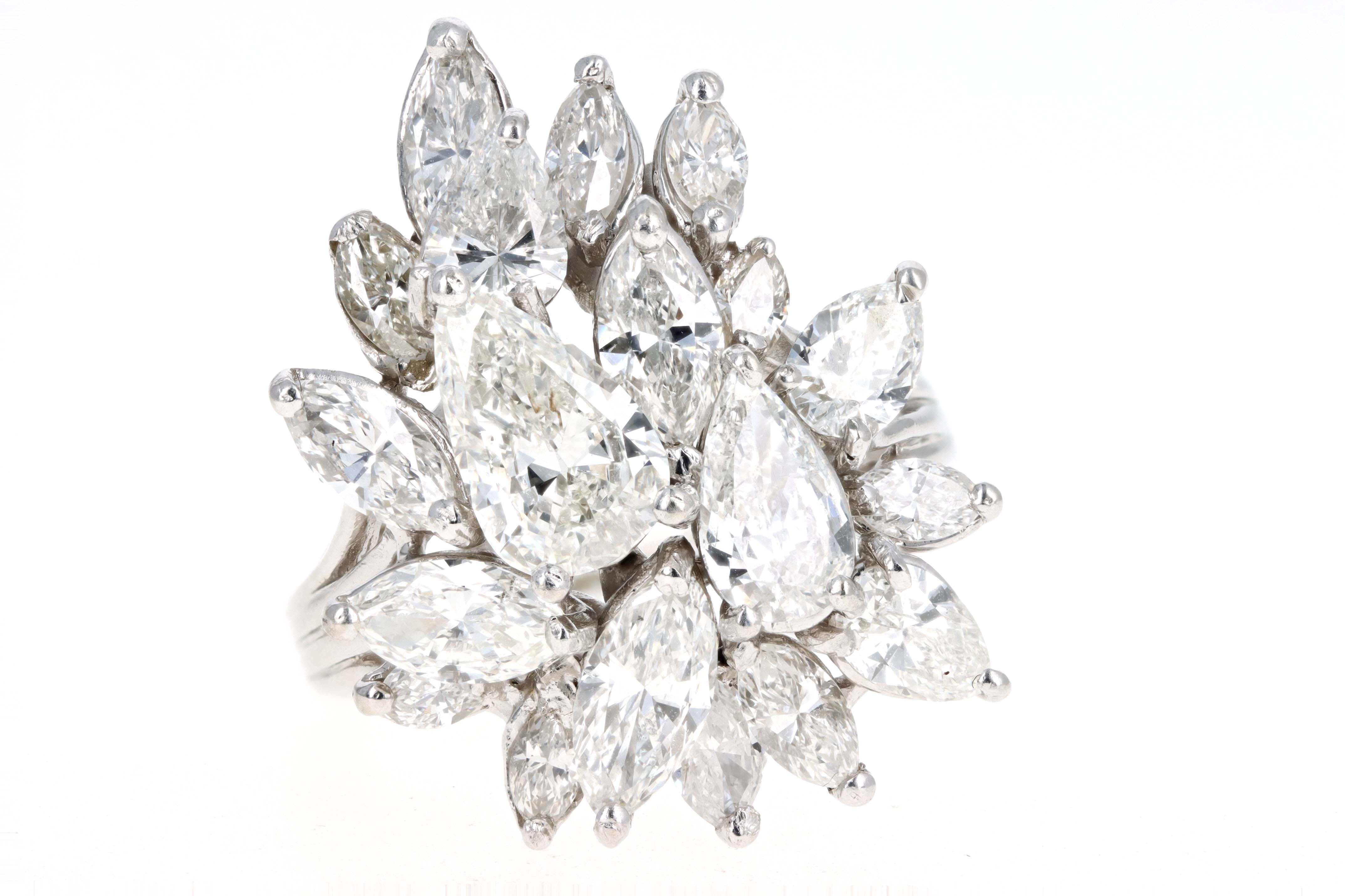 Retro 14K White Gold 6.0 Carat Total Weight Pear Cut Diamond Cluster Ring - Queen May