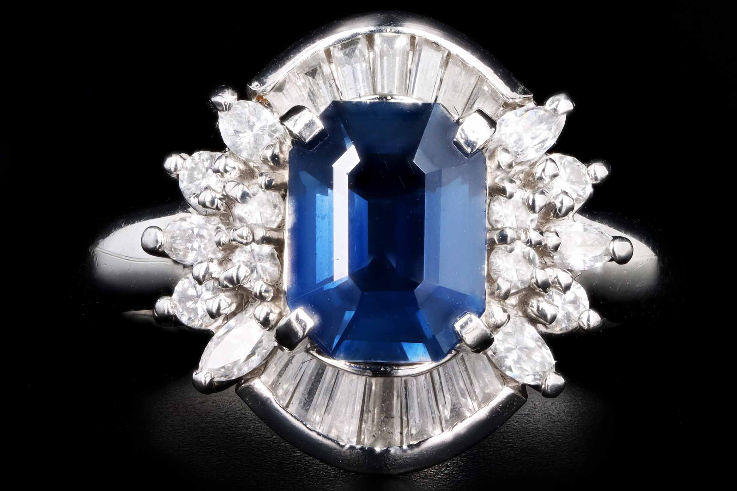 Retro Platinum 1.72 Carat Natural Sapphire & Baguette Diamond Ballerina Ring - Queen May
