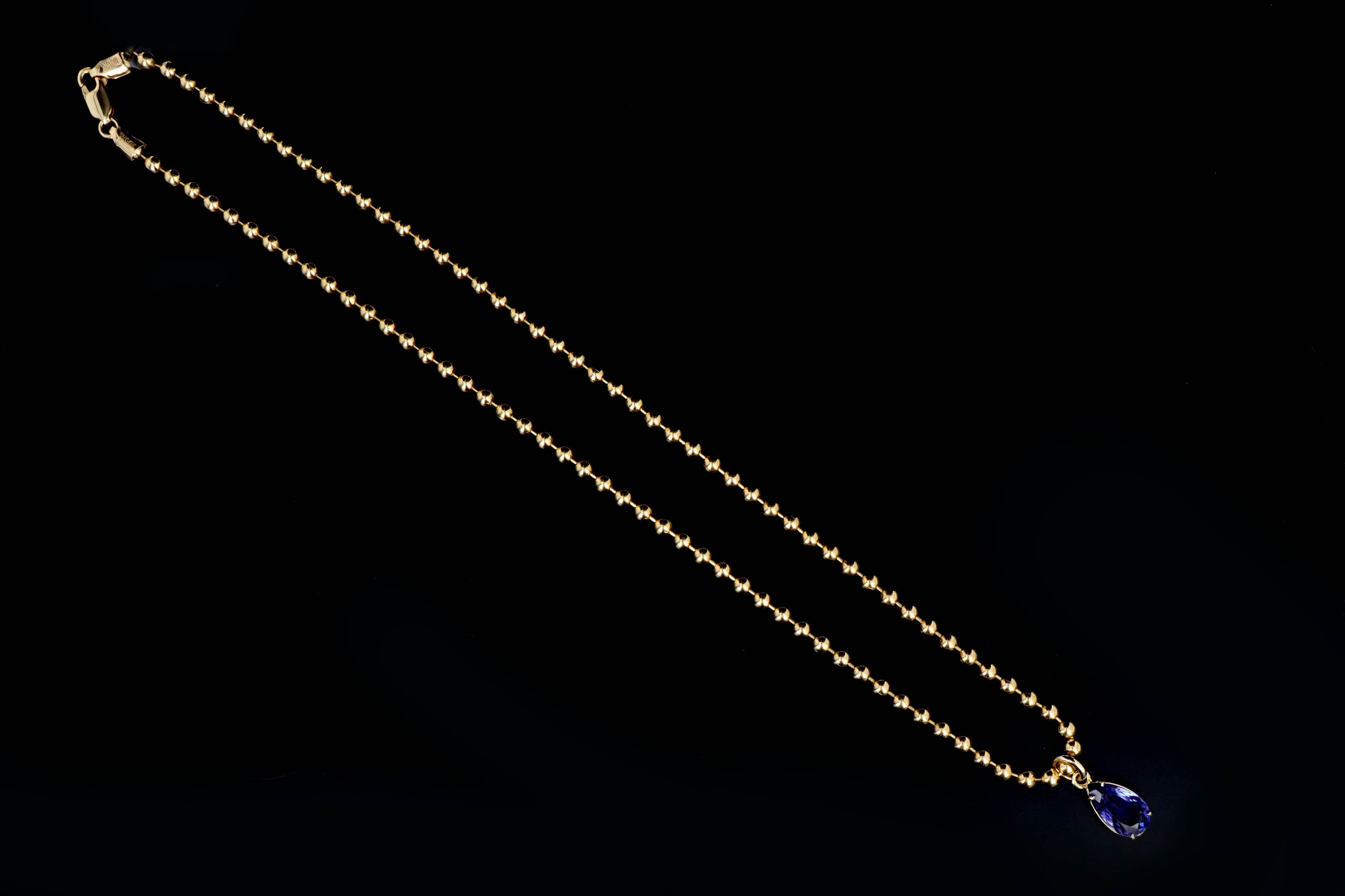 14K Yellow Gold 2.58 Carat Pear Tanzanite Beaded Ball Chain Pendant Necklace - Queen May