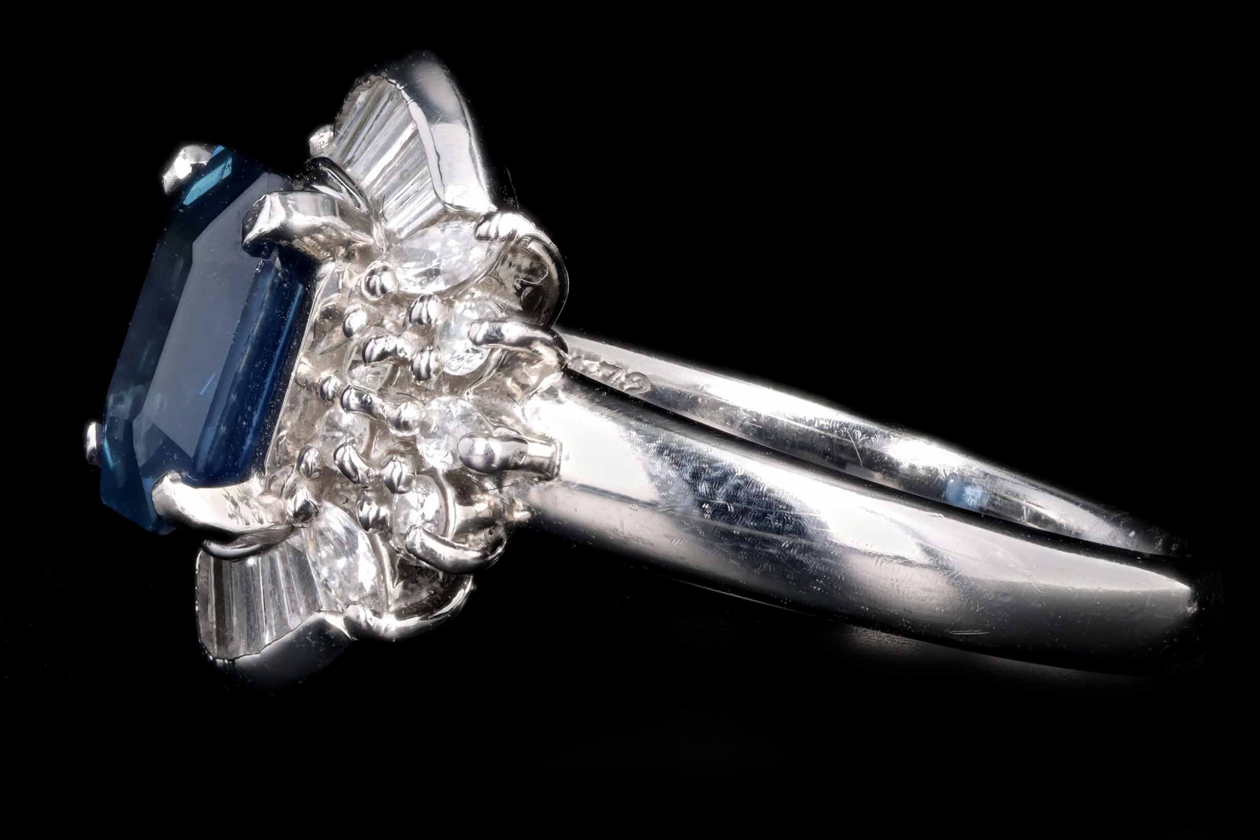 Retro Platinum 1.72 Carat Natural Sapphire & Baguette Diamond Ballerina Ring - Queen May