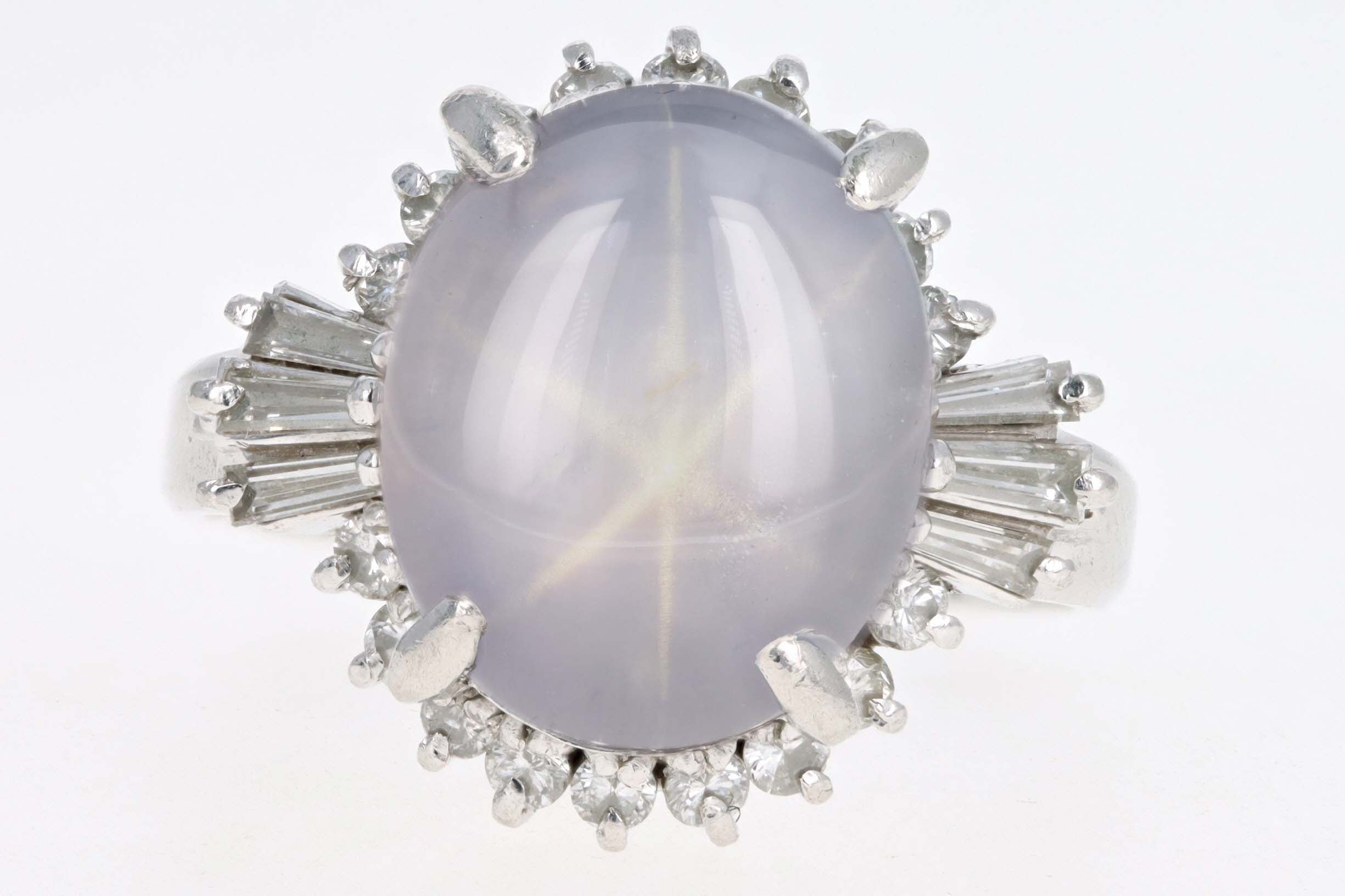 Retro Platinum 7.71 Carat Natural Star Sapphire & Diamond Fan Ring - Queen May