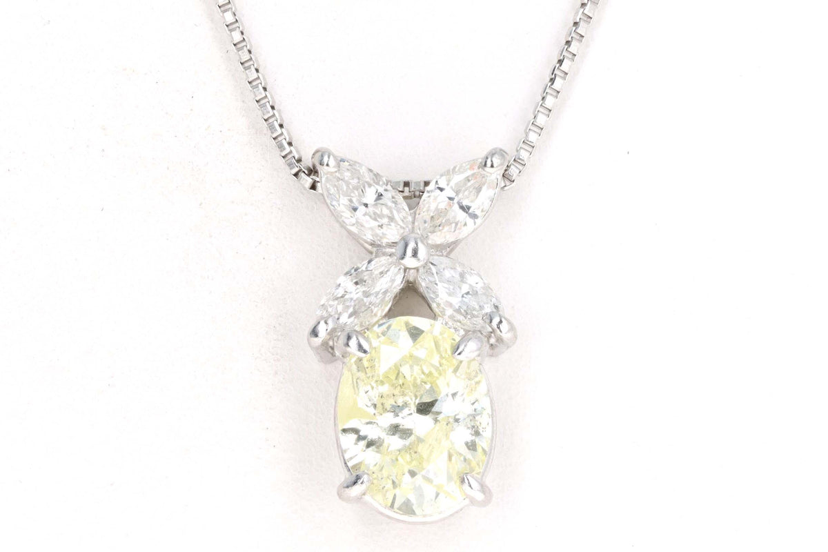 Platinum 1.33 Carat Oval Cut Light Yellow Diamond Pendant Necklace - Queen May