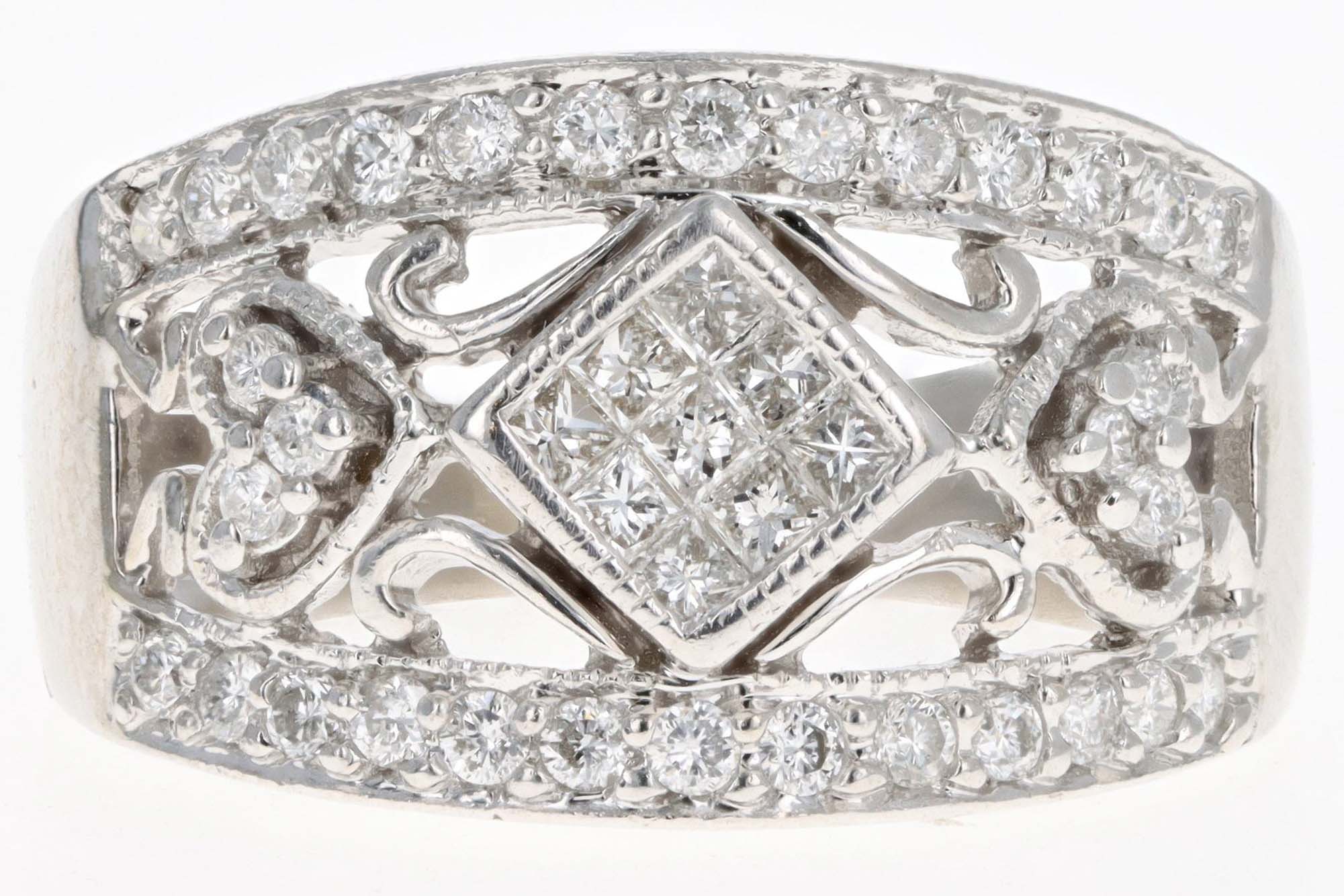 14K White Gold .50 Carat Total Weight Princess Cut Diamond Wide Band - Queen May