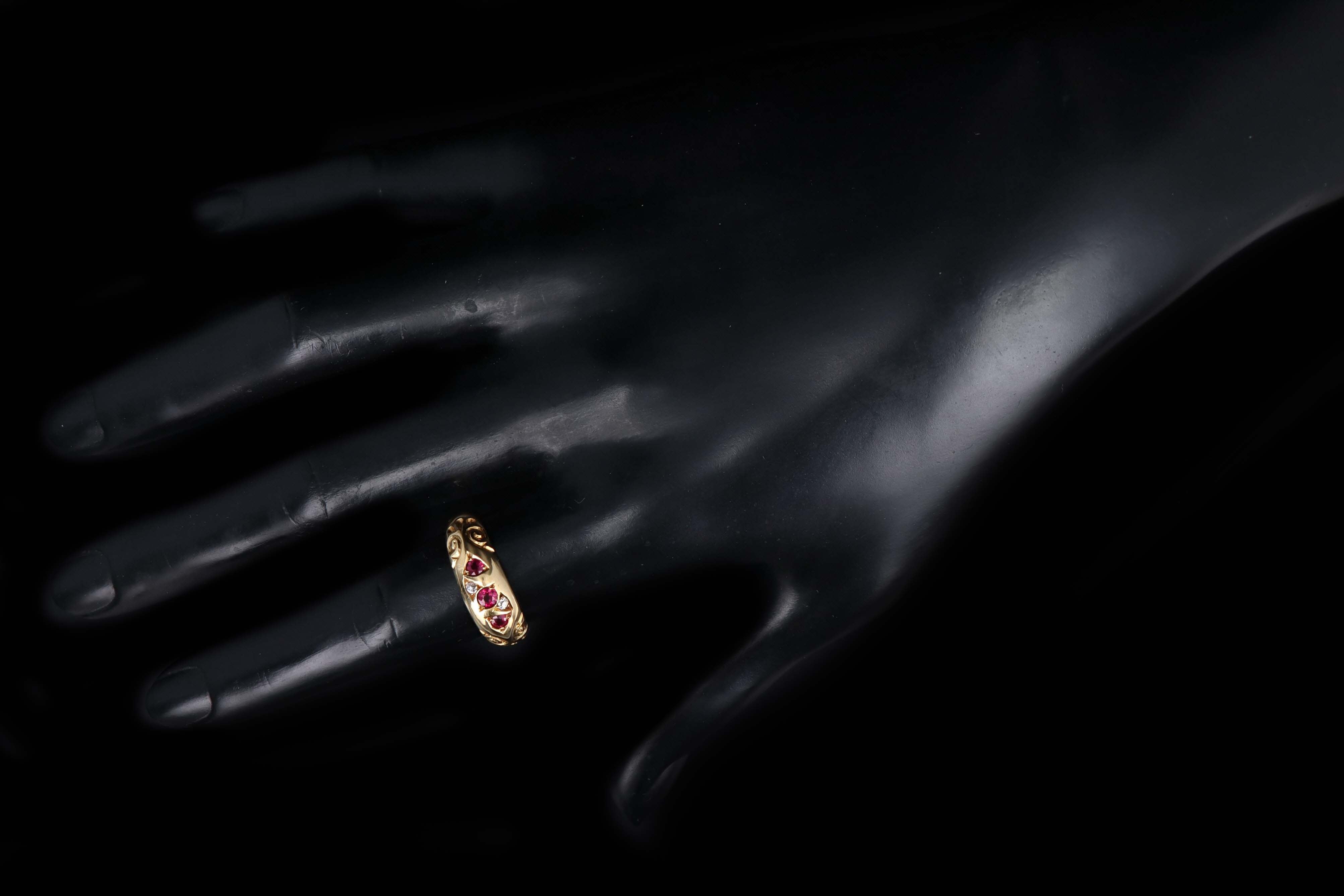 Victorian 18K Yellow Gold Natural Ruby & Old European Cut Diamond Gypsy Ring - Queen May