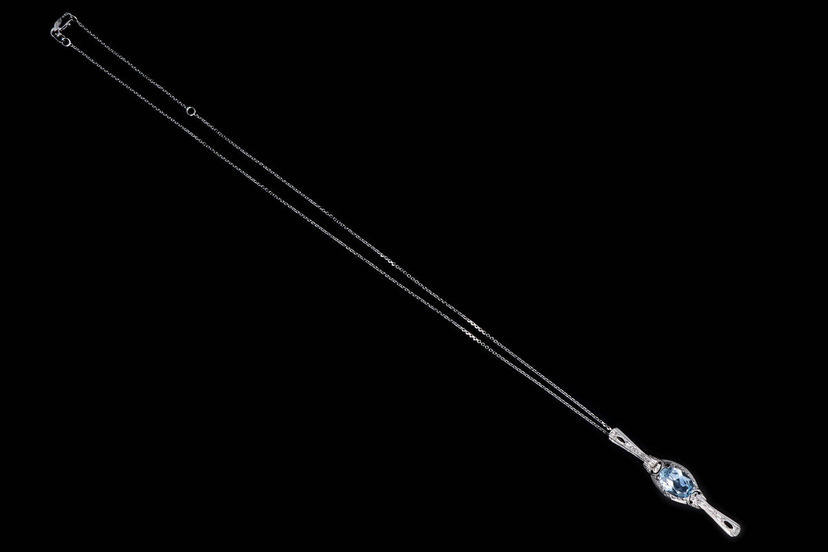 Art Deco 14K White Gold 3.5 Carat Blue Topaz Stick Pin Conversion Pendant Necklace - Queen May