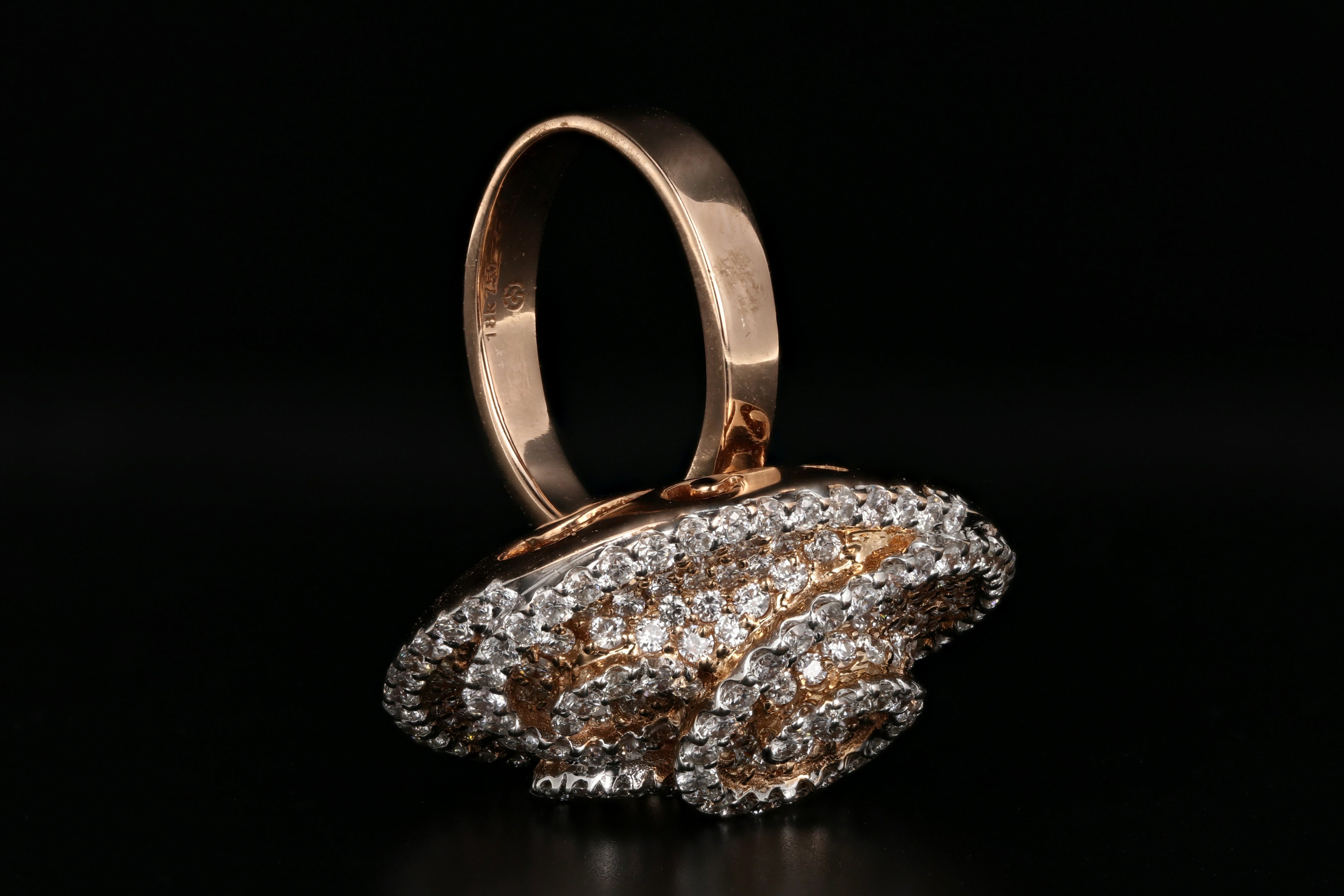 New 18K Rose Gold 4.08 Carat Diamond Weight Total Cocktail Ring - Queen May