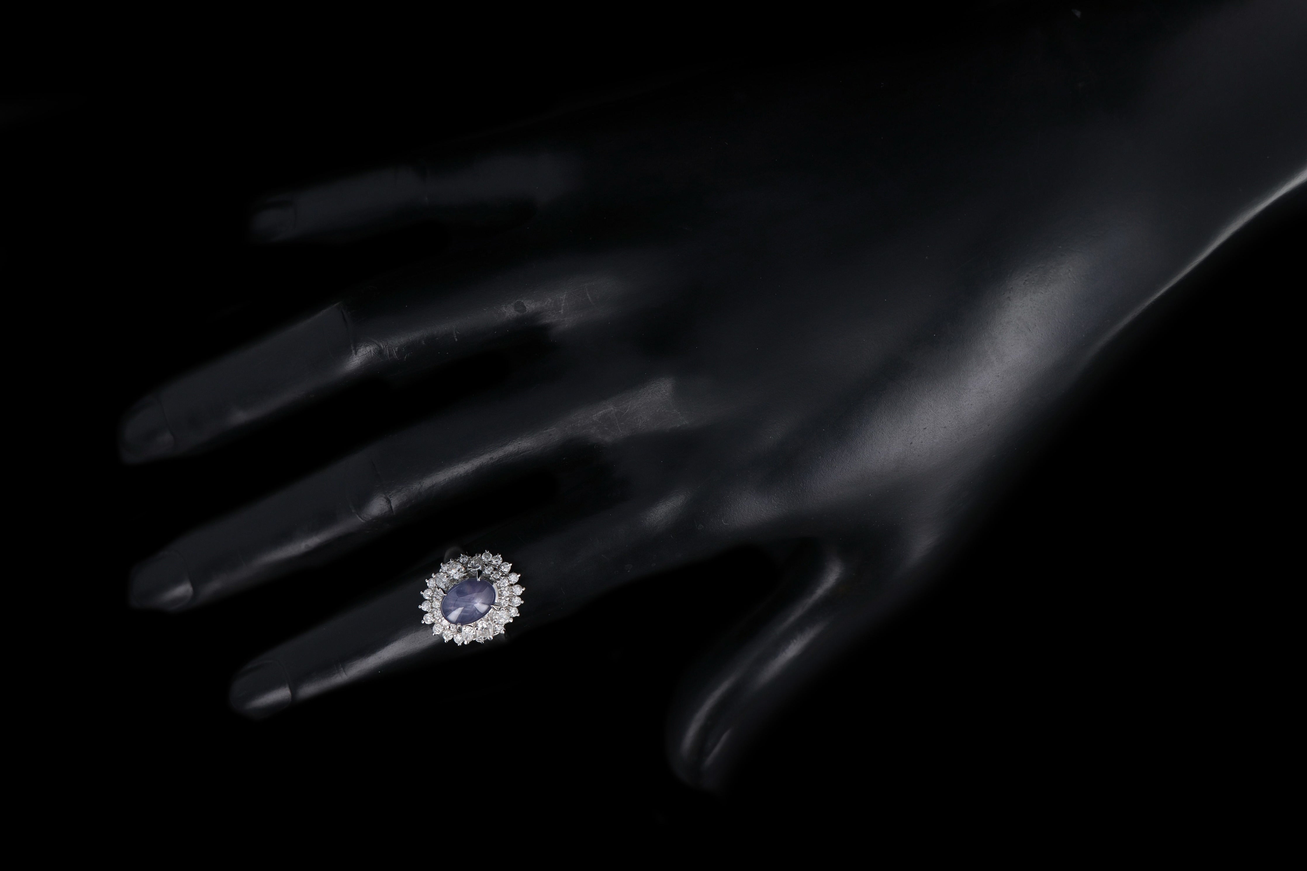 Retro Platinum 2.63 Carat Oval Cabochon Cut Natural Star Sapphire & Diamond Ballerina Ring - Queen May