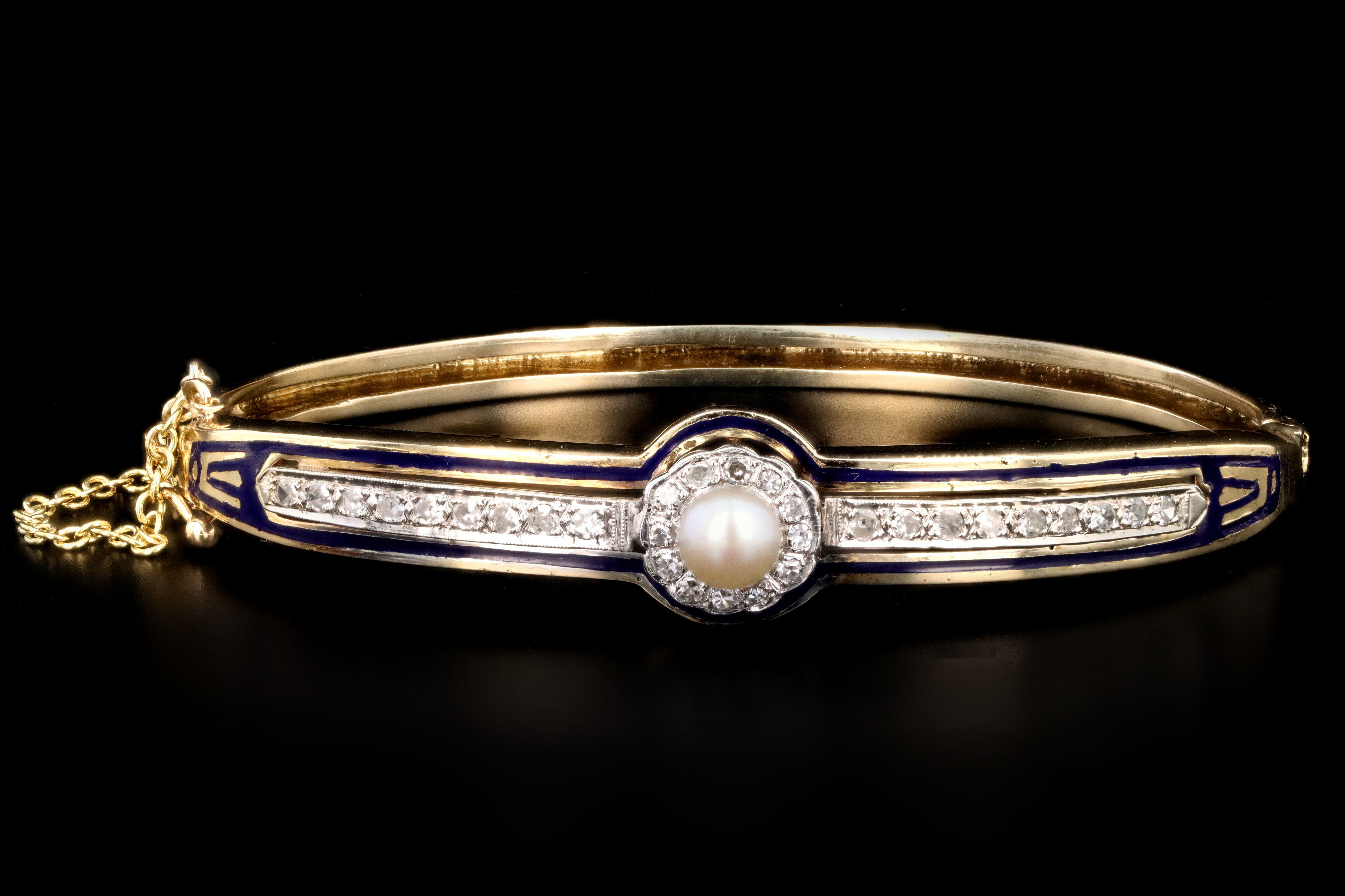 Victorian 14K Yellow Gold Enamel Pearl & Diamond Bangle - Queen May
