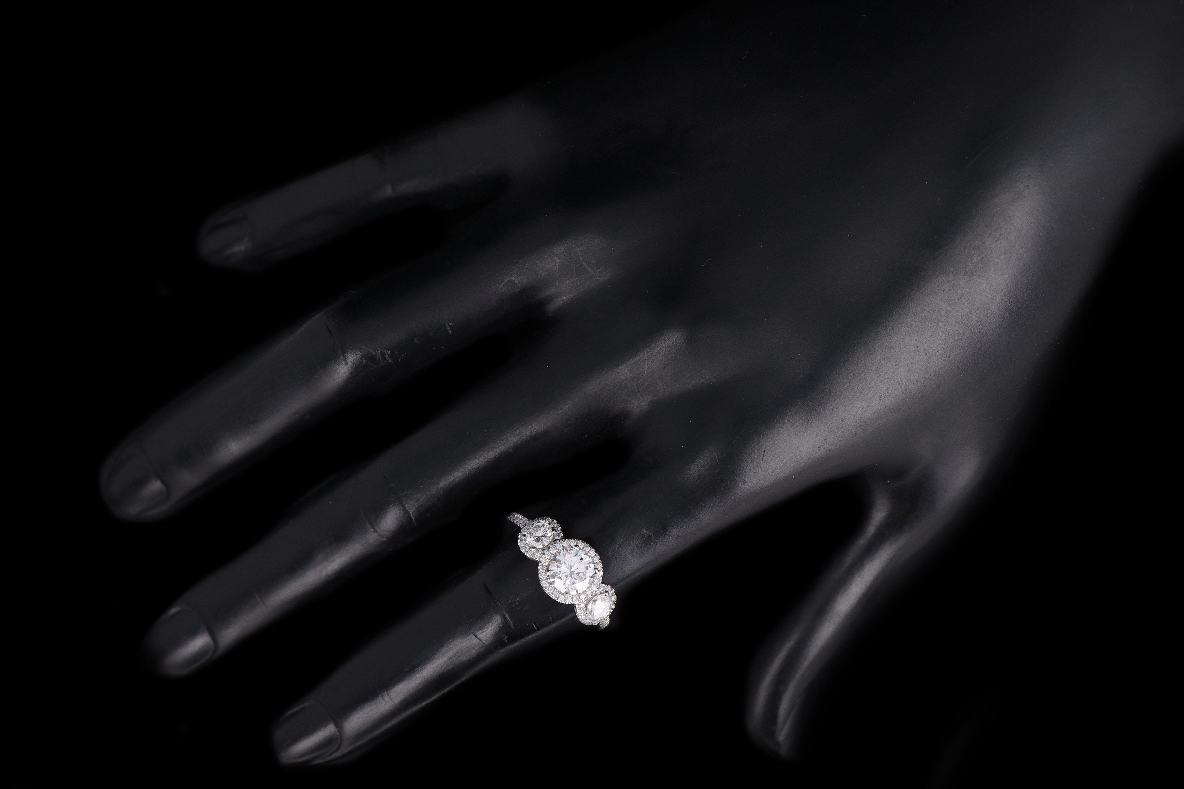 New Platinum 1.04 Carat Round Brilliant Diamond Halo Three Stone Engagement Ring GIA Certified - Queen May