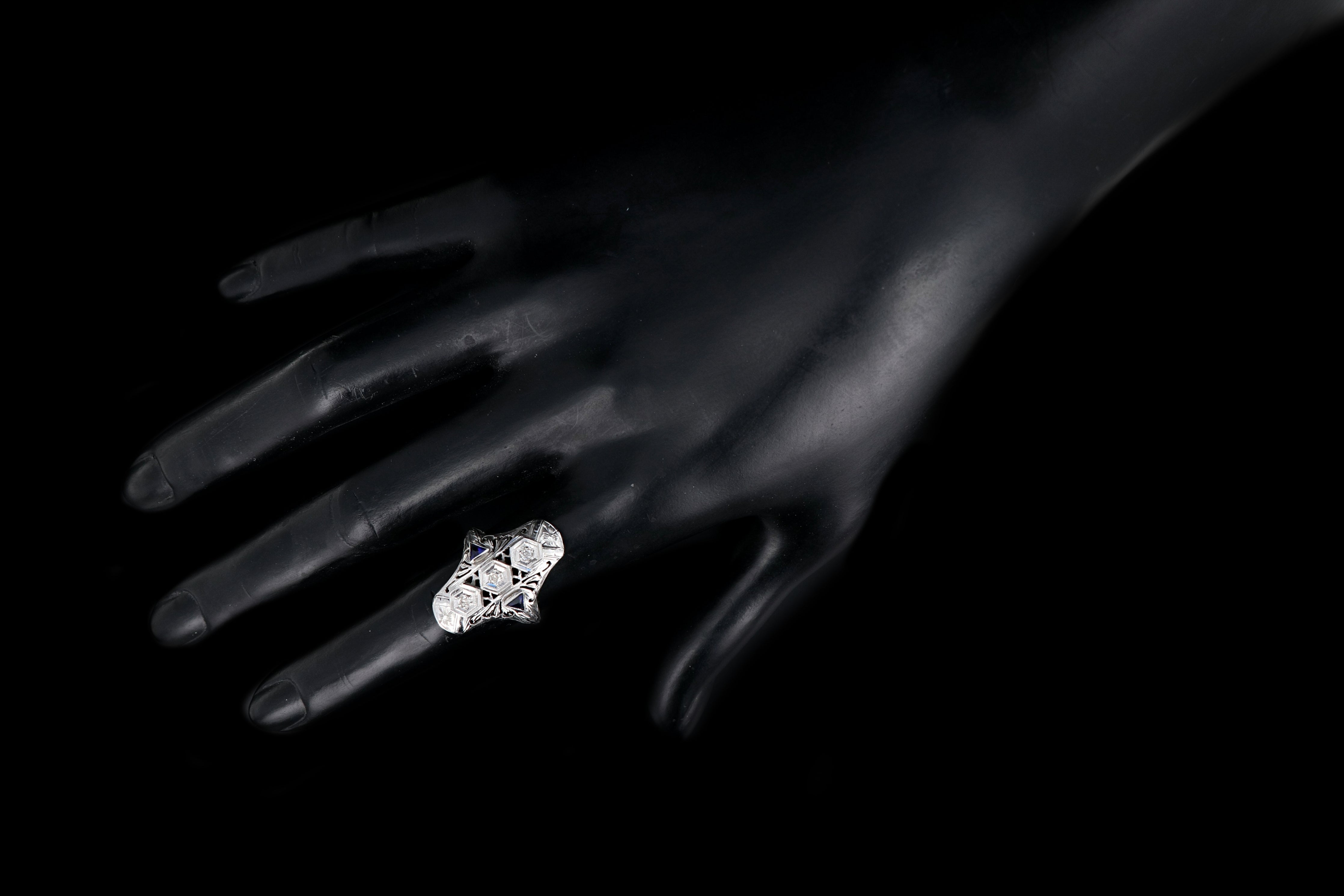 Art Deco 18K White Gold Diamond Sapphire 3 Stone Ring c.1920's - Queen May