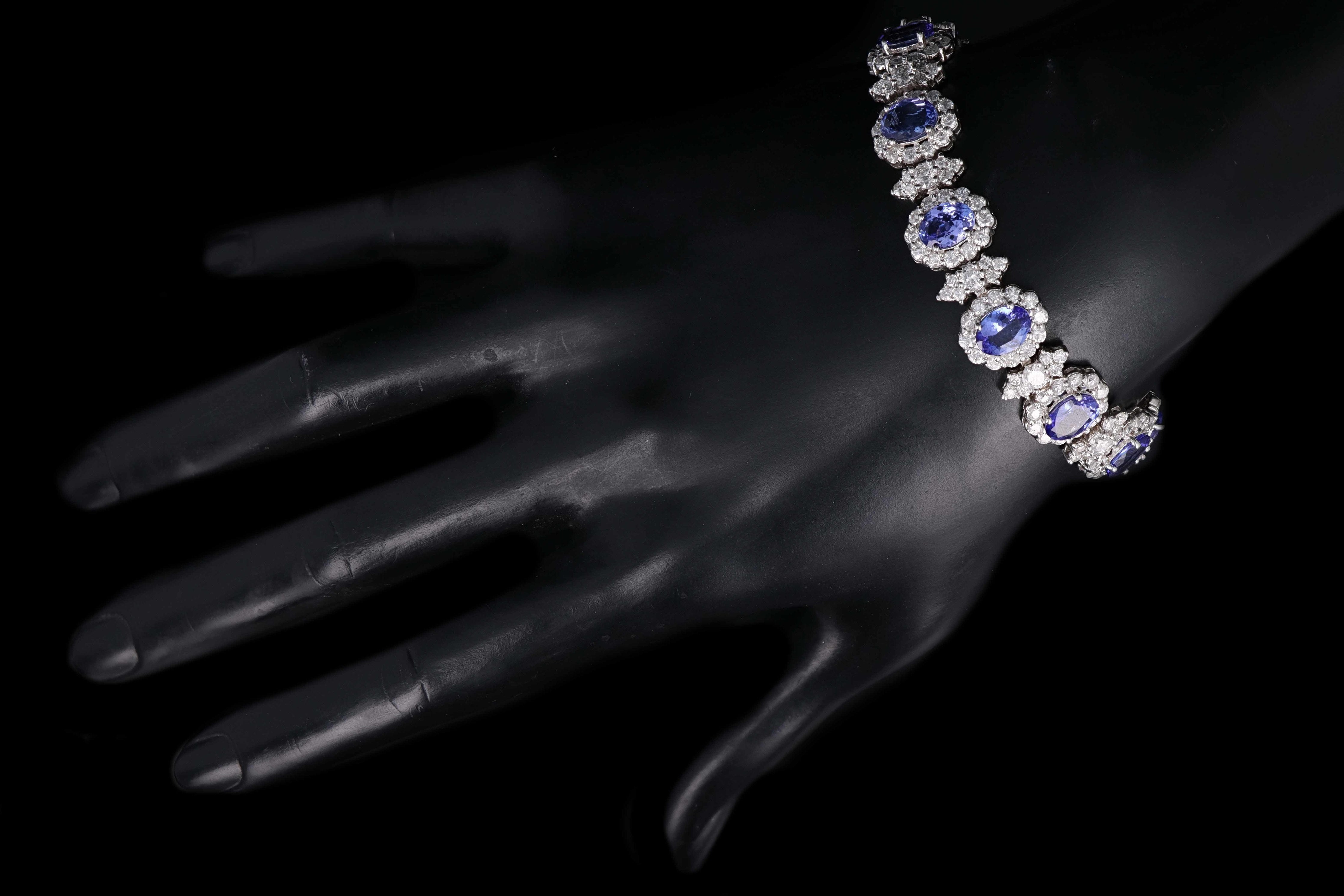 Modern 14K White Gold 12.40 Carat Tanzanite and 9.75 Carat Diamond Bracelet - Queen May