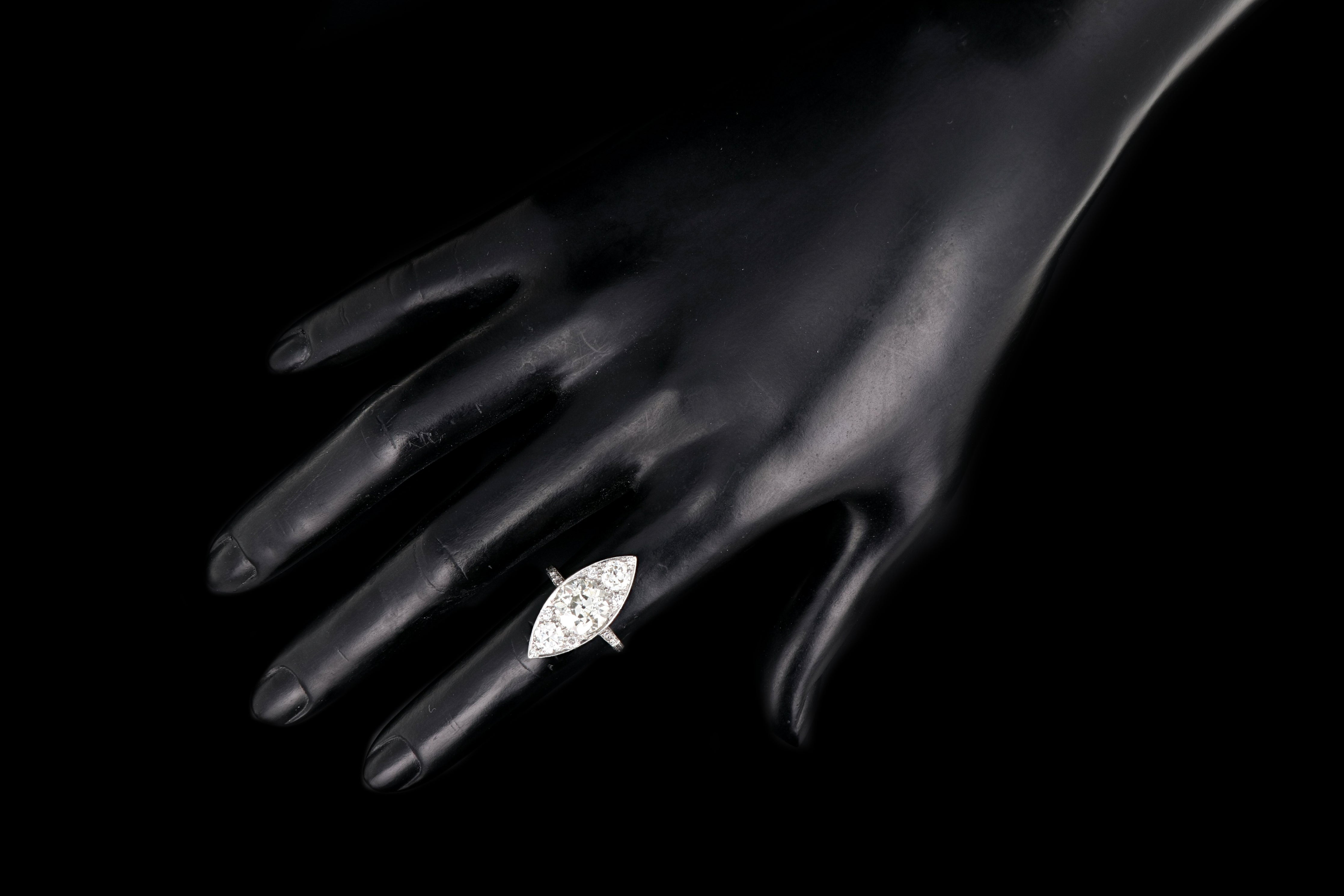 Edwardian Platinum 3.5 Carat Old Euro Center Navette Ring - Queen May