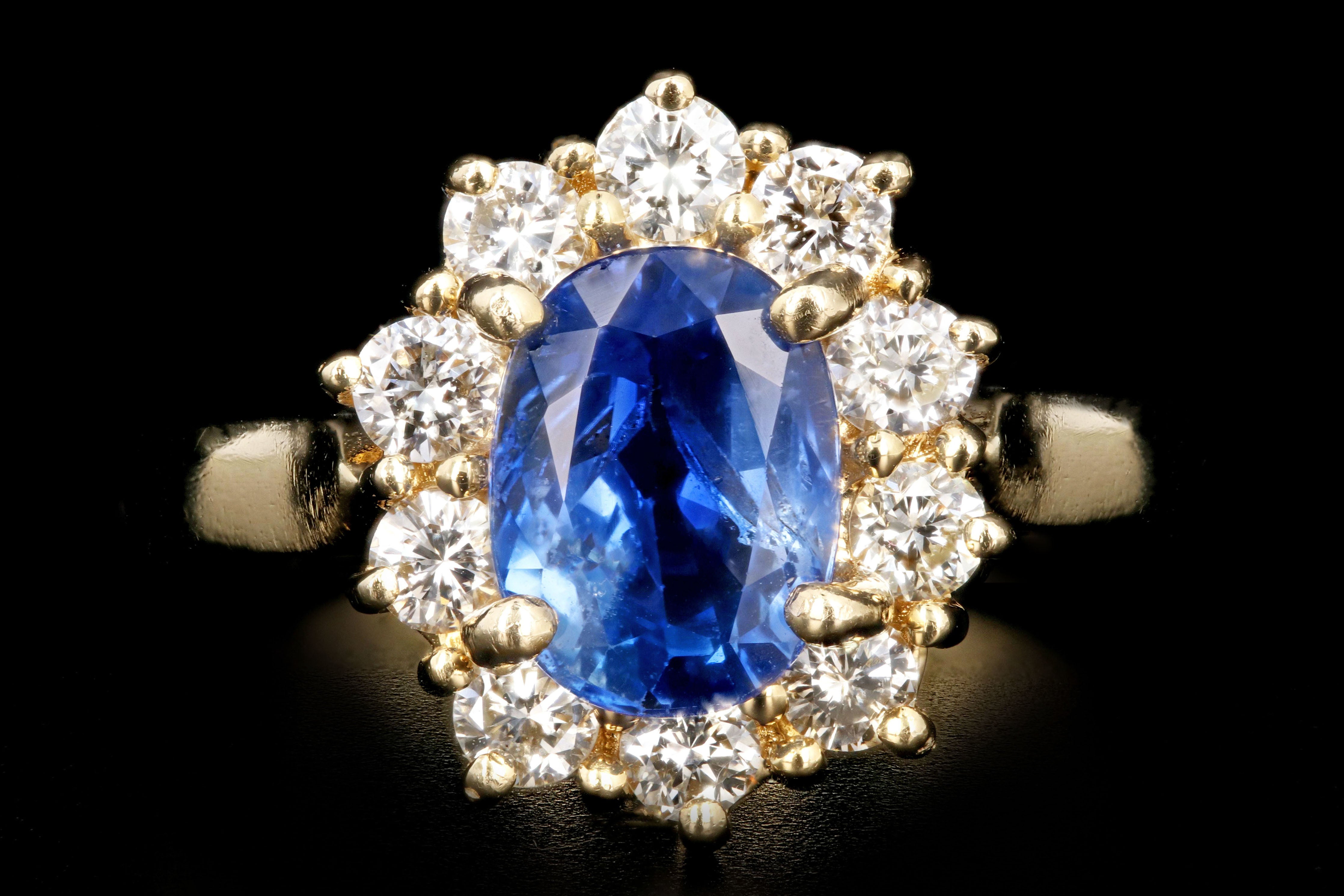 Modern 14K Yellow Gold 2.18 Natural Sapphire and Diamond Halo Ring - Queen May