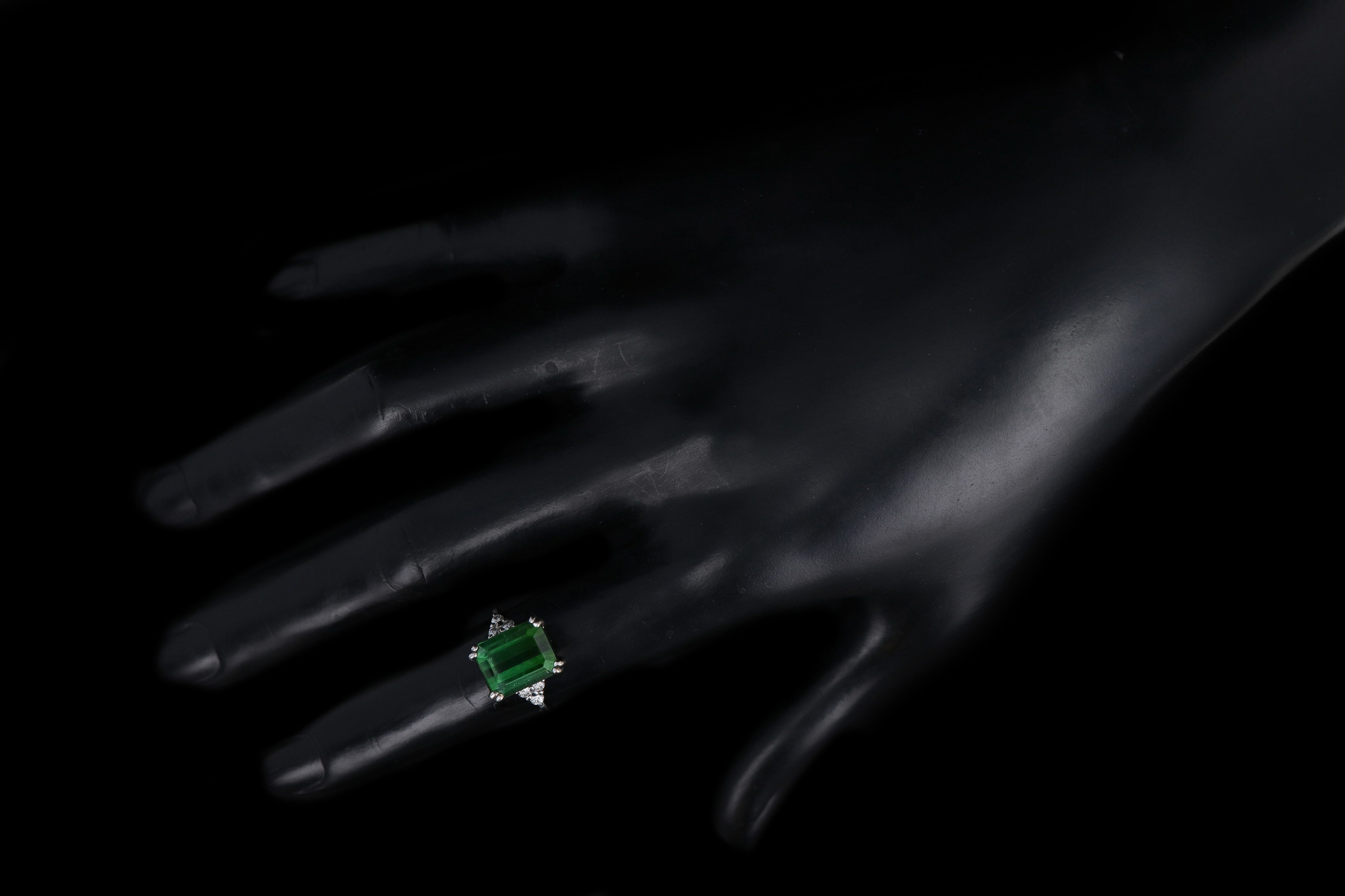 Modern 18K White Gold 4.05 Carat Emerald Cut Green Tourmaline & Diamond Ring - Queen May