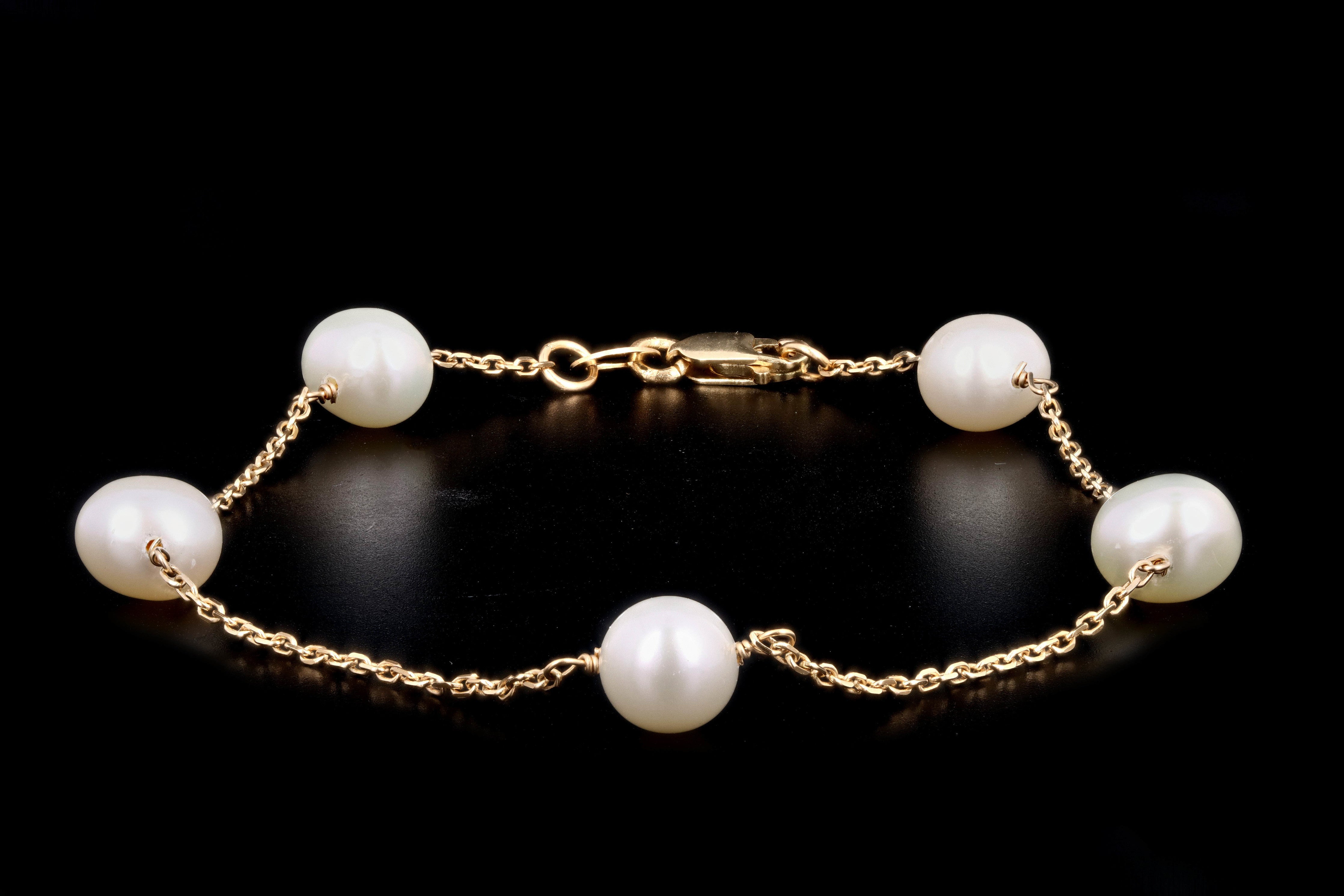 14K Yellow Gold Freshwater Cultured Pearl Station Bracelet - Queen May