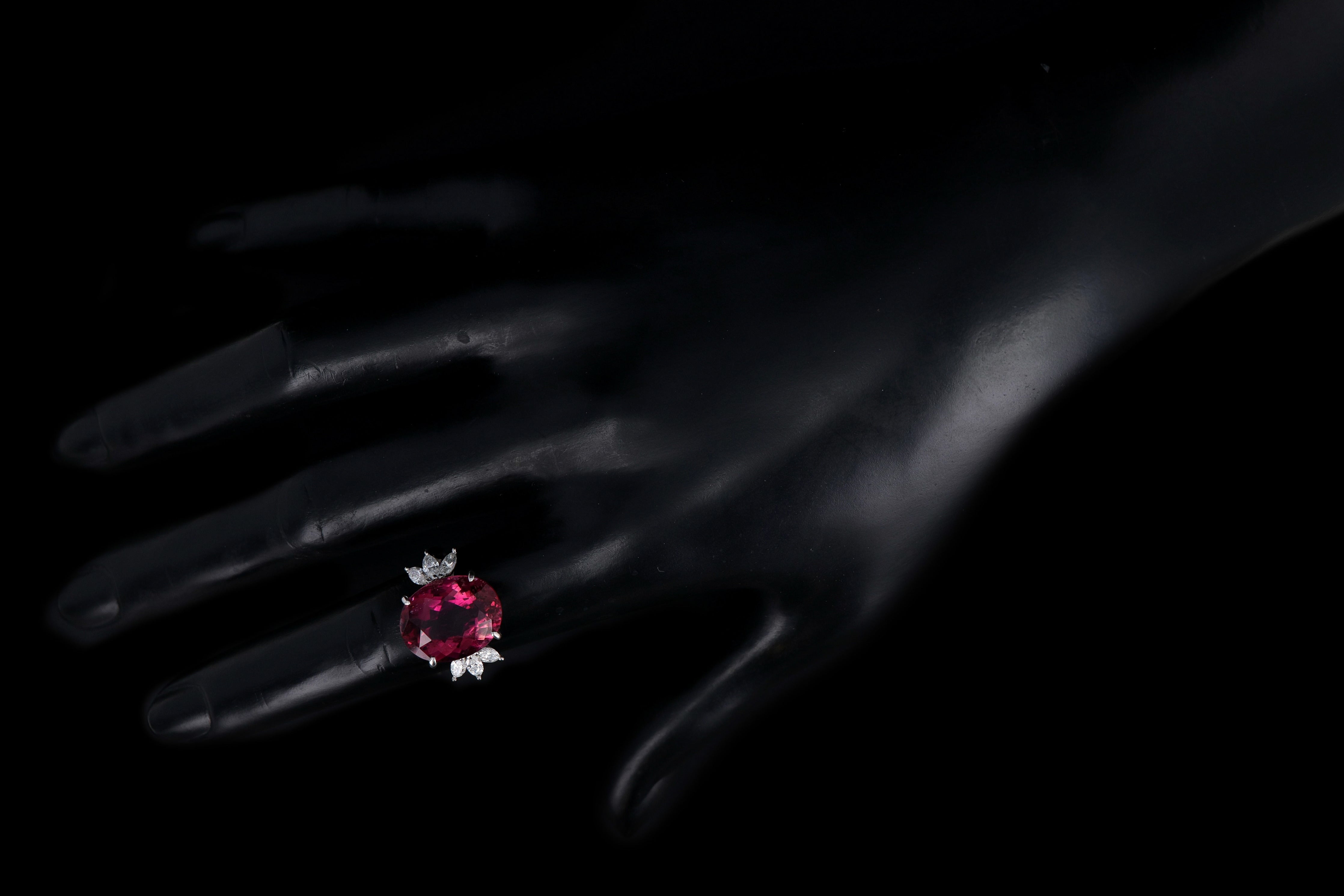 Retro Platinum 8.78 Carat Oval Rubellite Tourmaline & Diamond Ring - Queen May