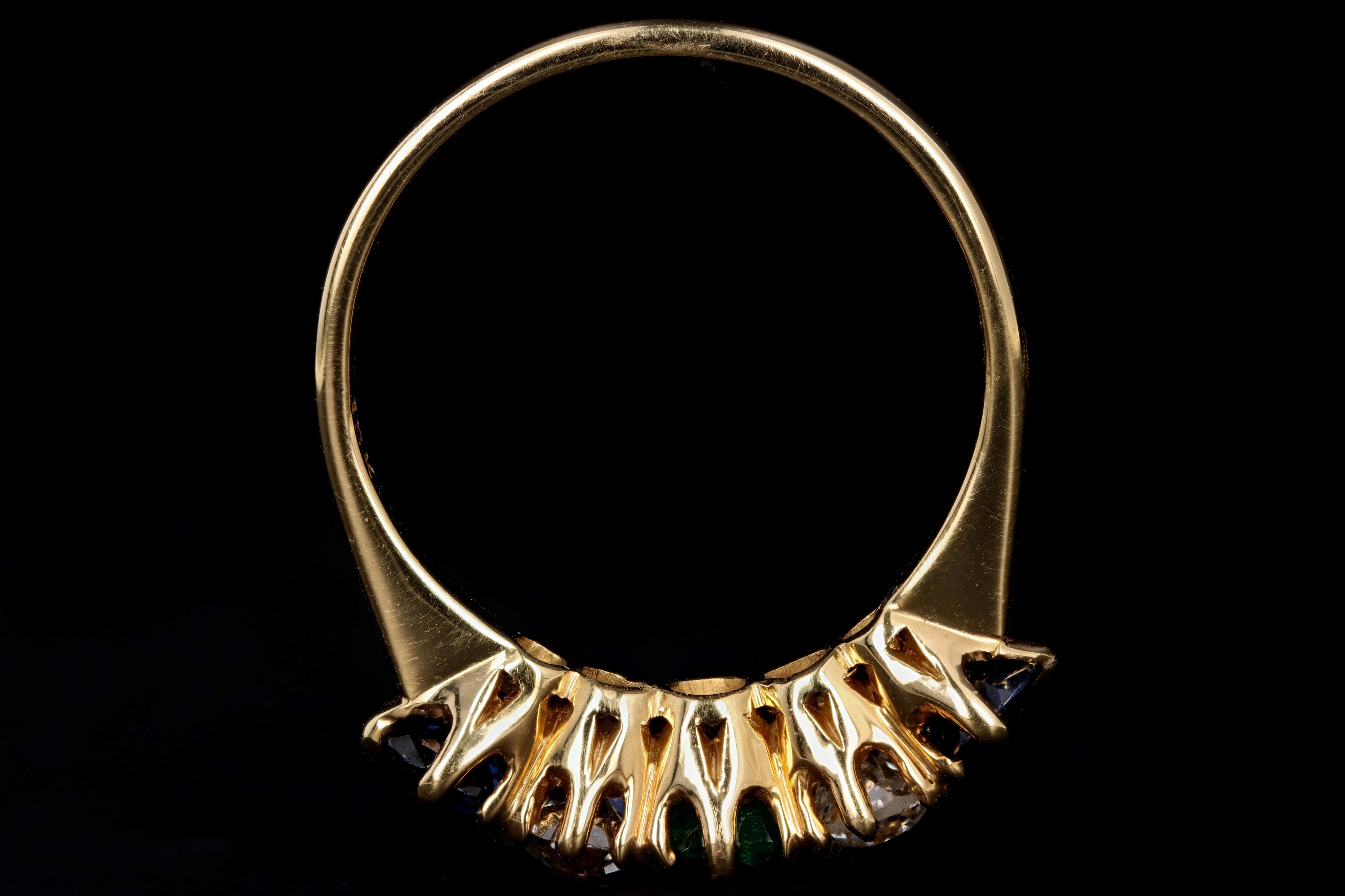 Victorian 18K Yellow Gold Diamond Sapphire & Emerald 5 Stone Half Band Size 7.25 - Queen May