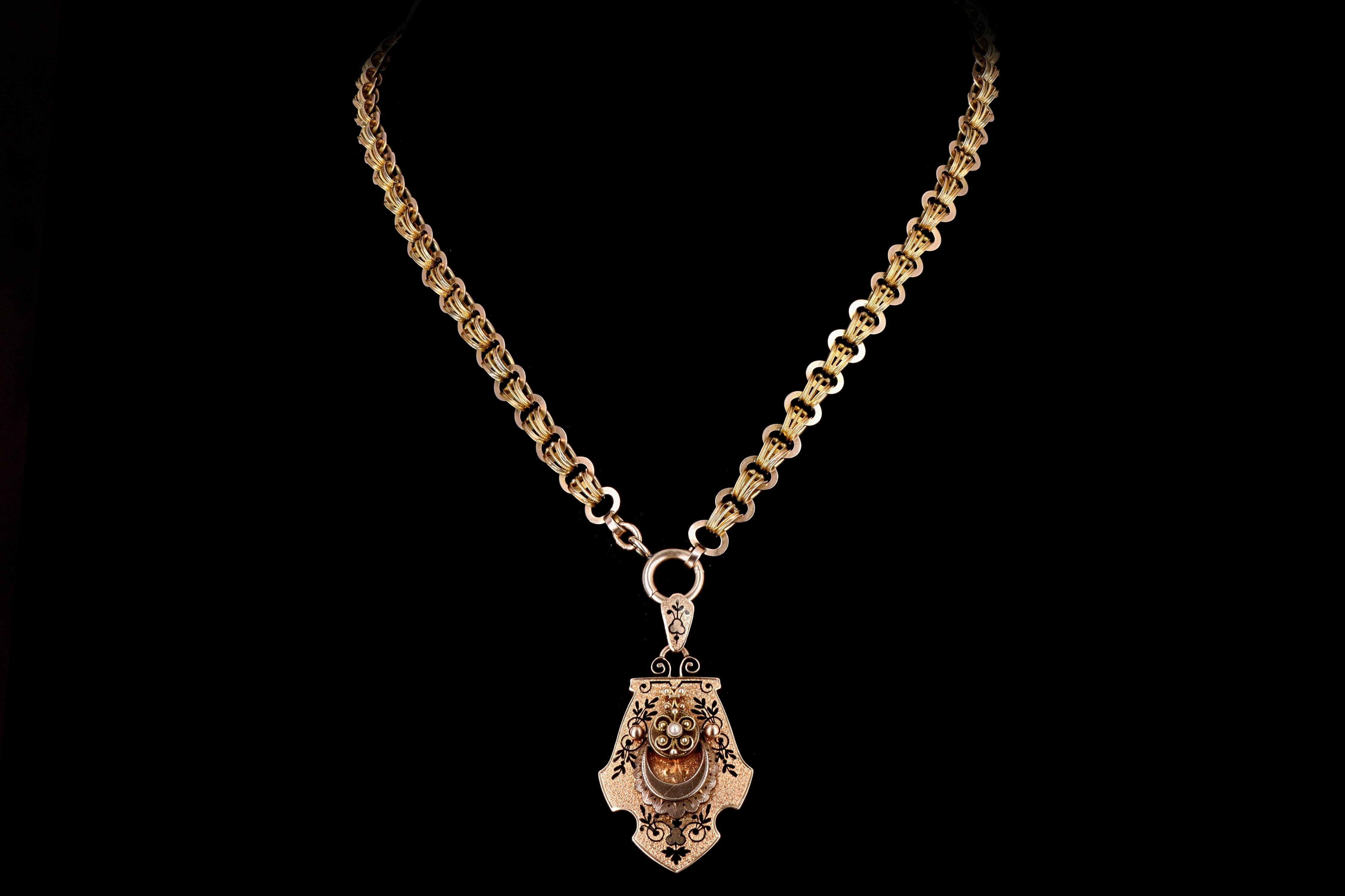 Victorian 14K Rose Gold & Enamel Seed Pearl Locket Pendant Necklace - Queen May