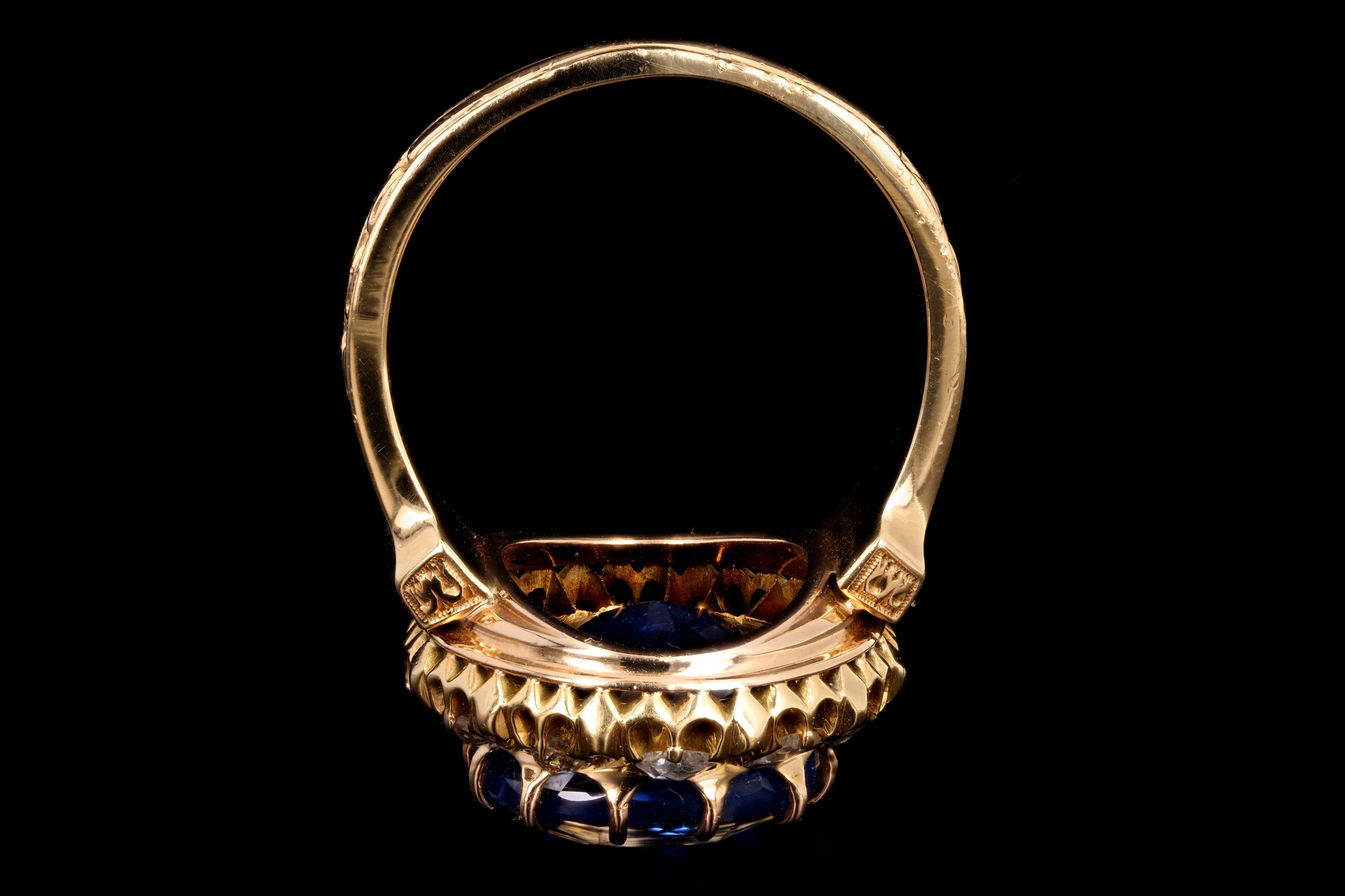 Victorian 18K Yellow Gold Untreated 10.73 Carat Cornflower Blue Burma No Heat Sapphire & Diamond Ring SSEF Certified - Queen May