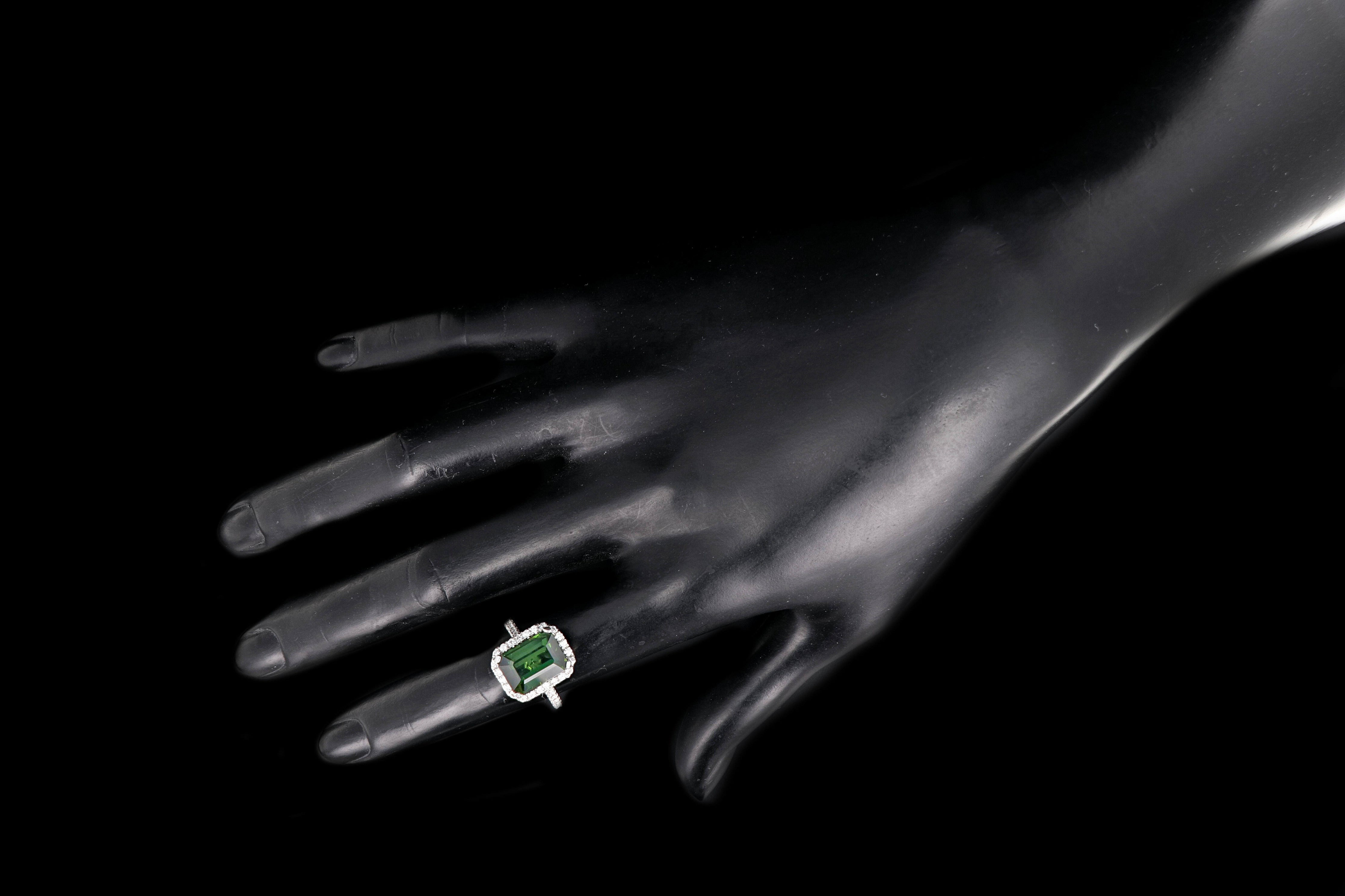 New Platinum 5.65 Carat Green Tourmaline and Diamond Halo Ring - Queen May