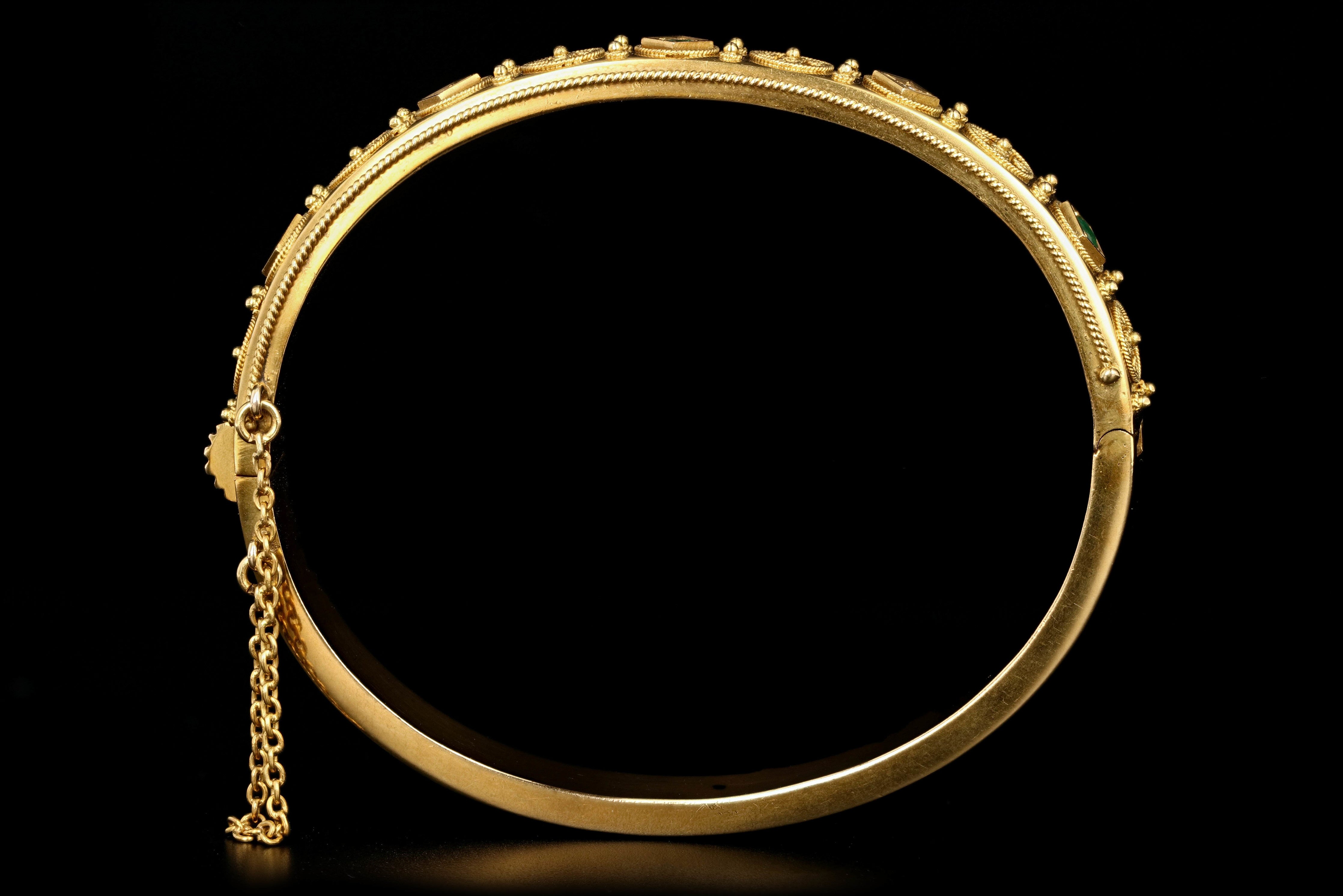 Victorian Etruscan Revival 18K Yellow Gold Emerald and Diamond Bracelet - Queen May