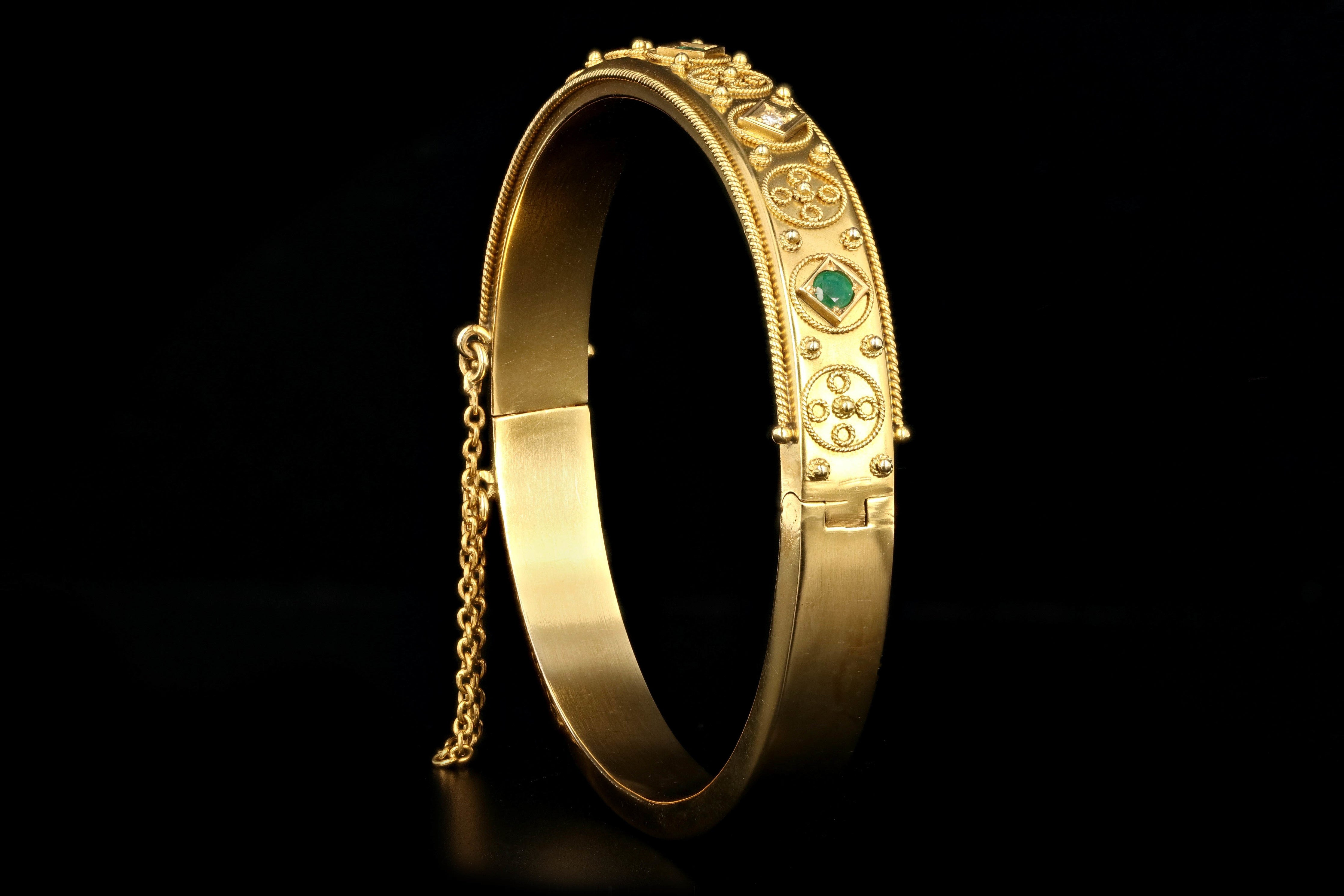 Victorian Etruscan Revival 18K Yellow Gold Emerald and Diamond Bracelet - Queen May