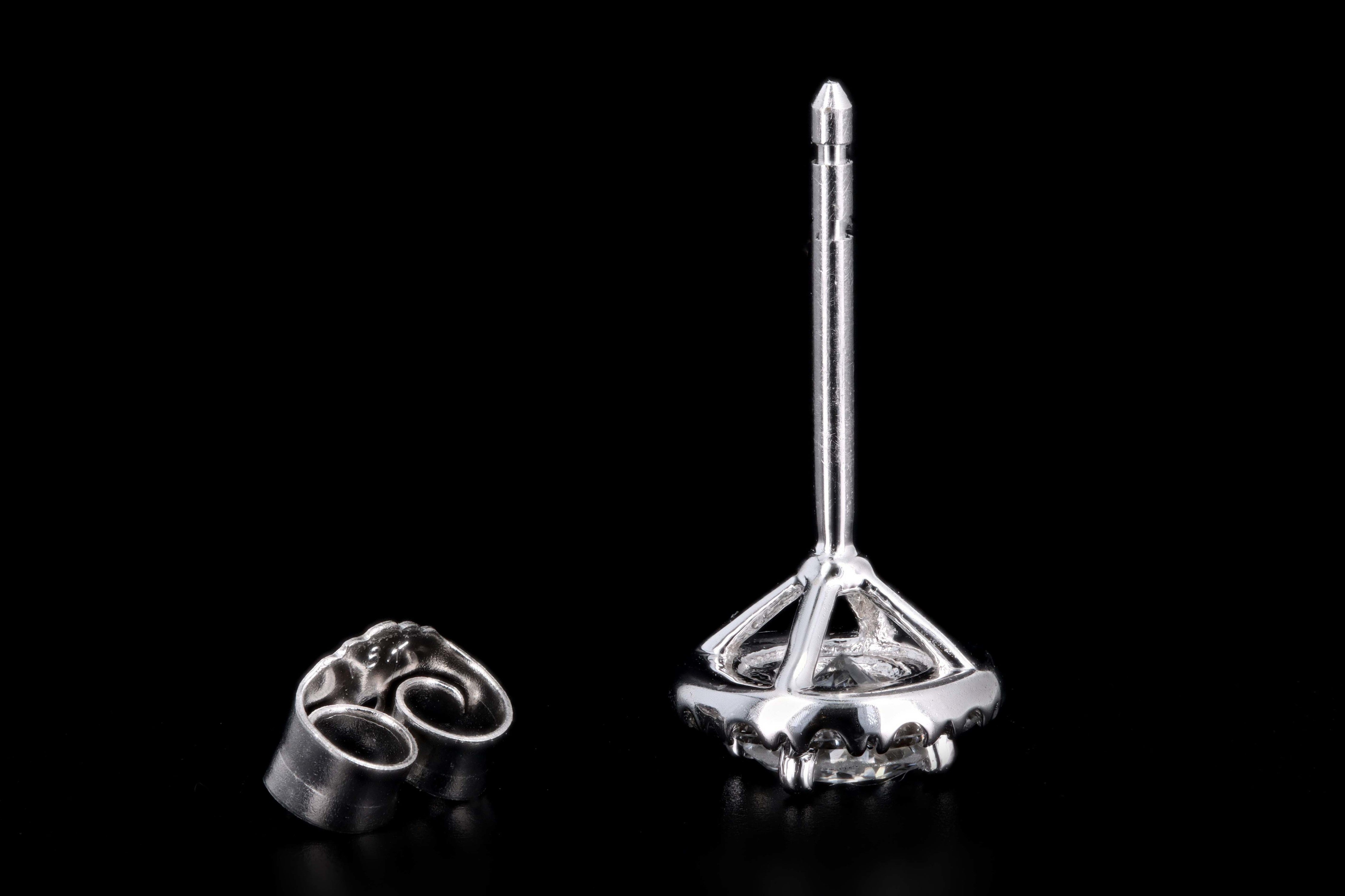 New 18K White Gold .75 Carat Round Brilliant Cut Diamond Halo Stud Earrings - Queen May