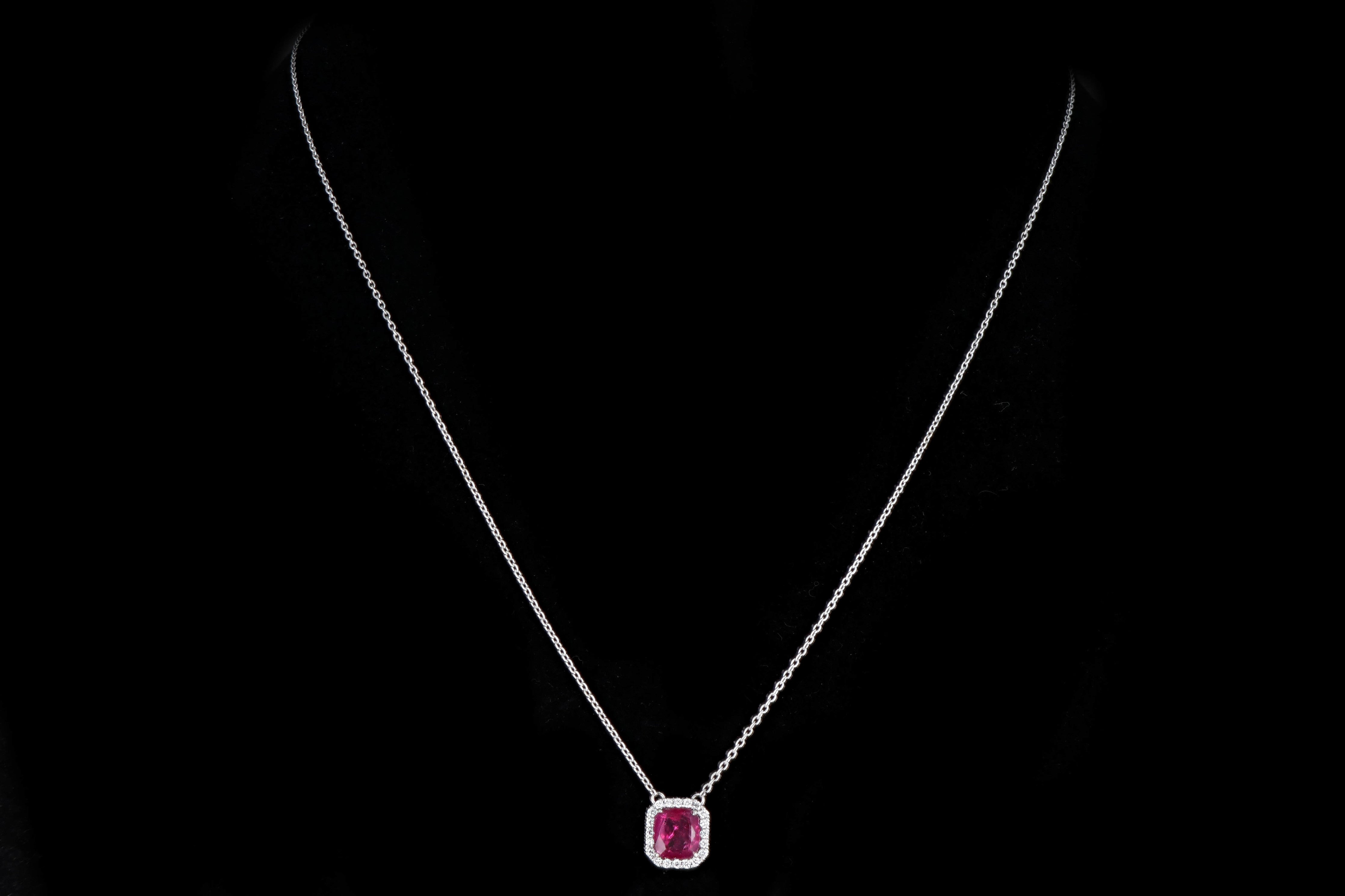 New 14K White Gold 1.18 Carat Rubellite Tourmaline and Diamond Pendant Necklace - Queen May