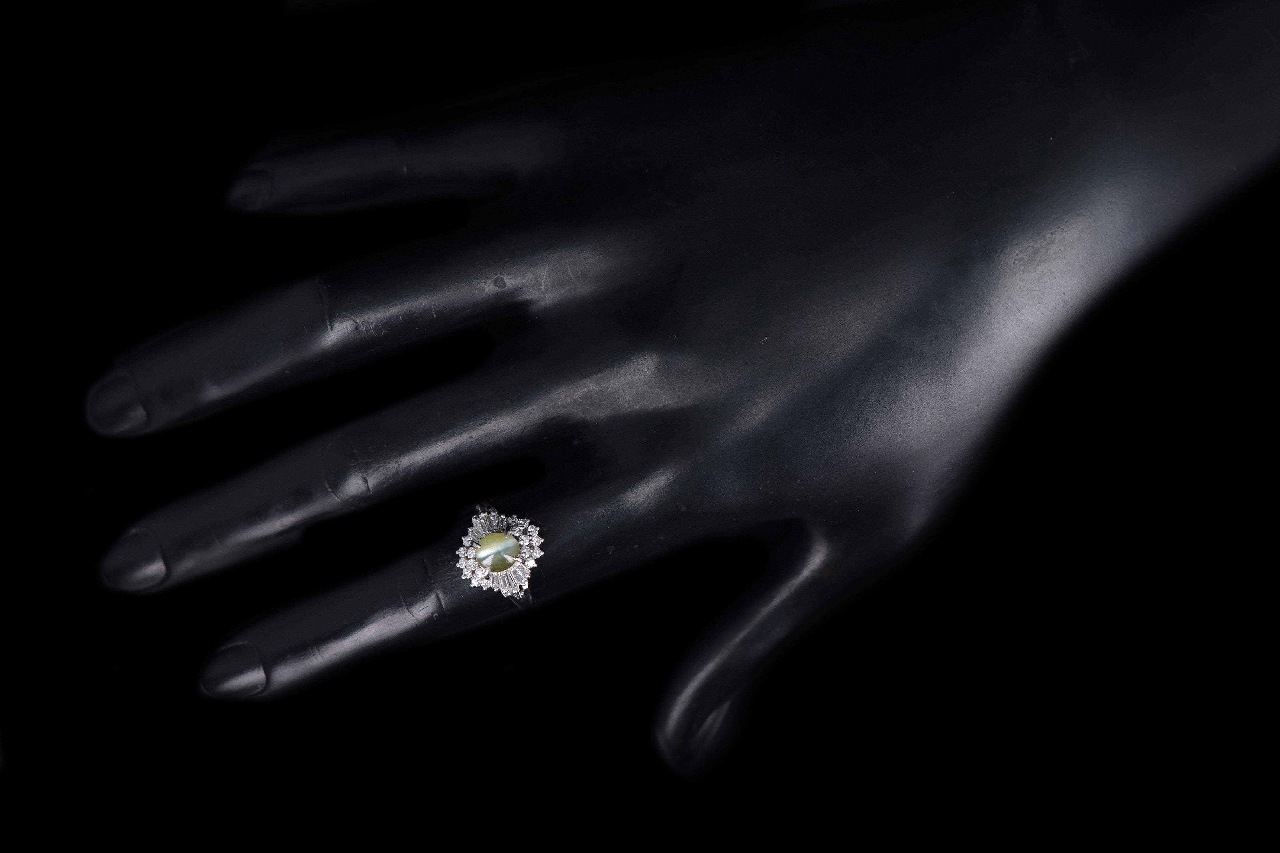 Retro Platinum 1.19 Carat Cat's Eye Chrysoberyl & Diamond Ring - Queen May