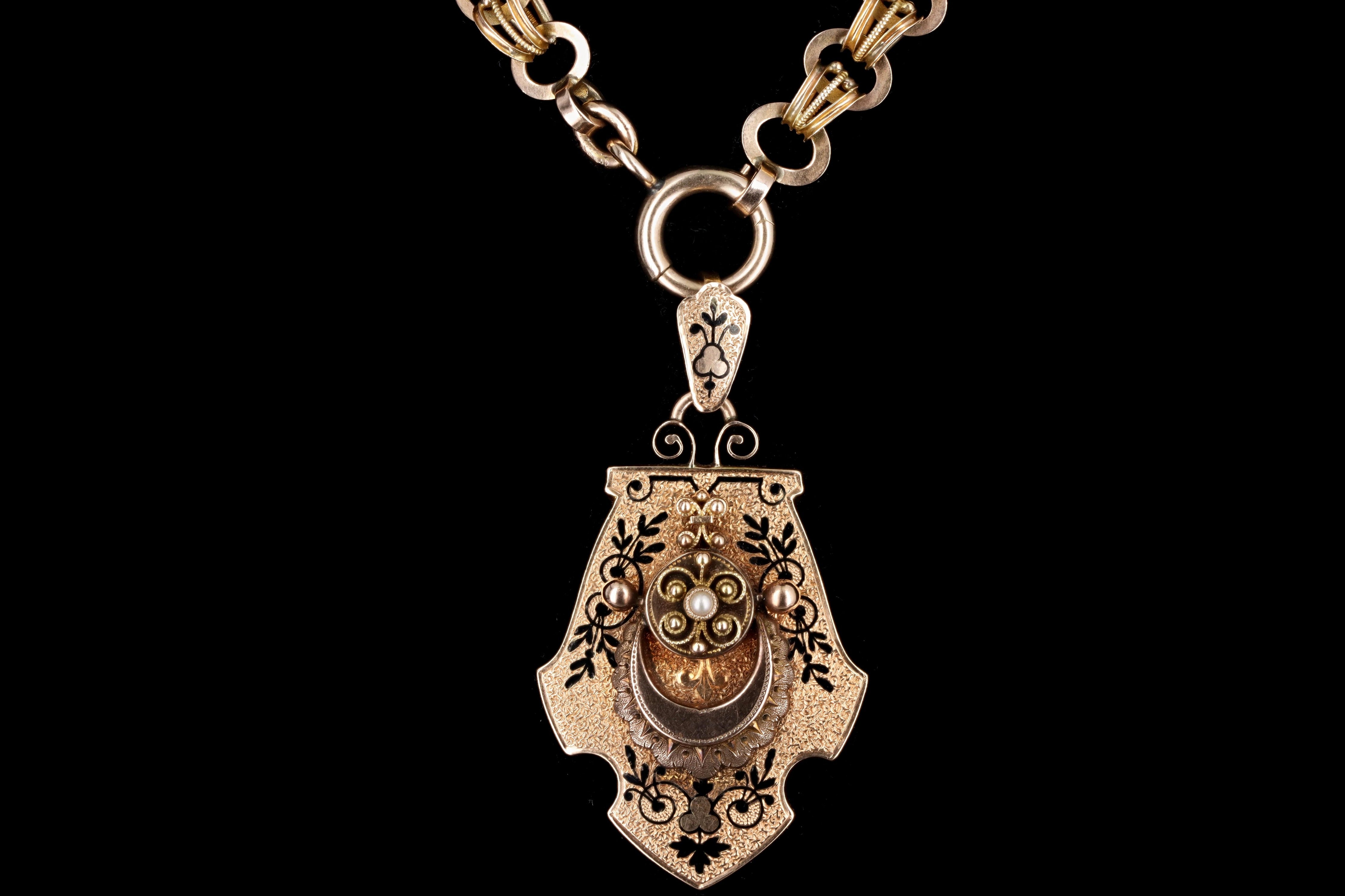 Victorian 14K Rose Gold & Enamel Seed Pearl Locket Pendant Necklace - Queen May