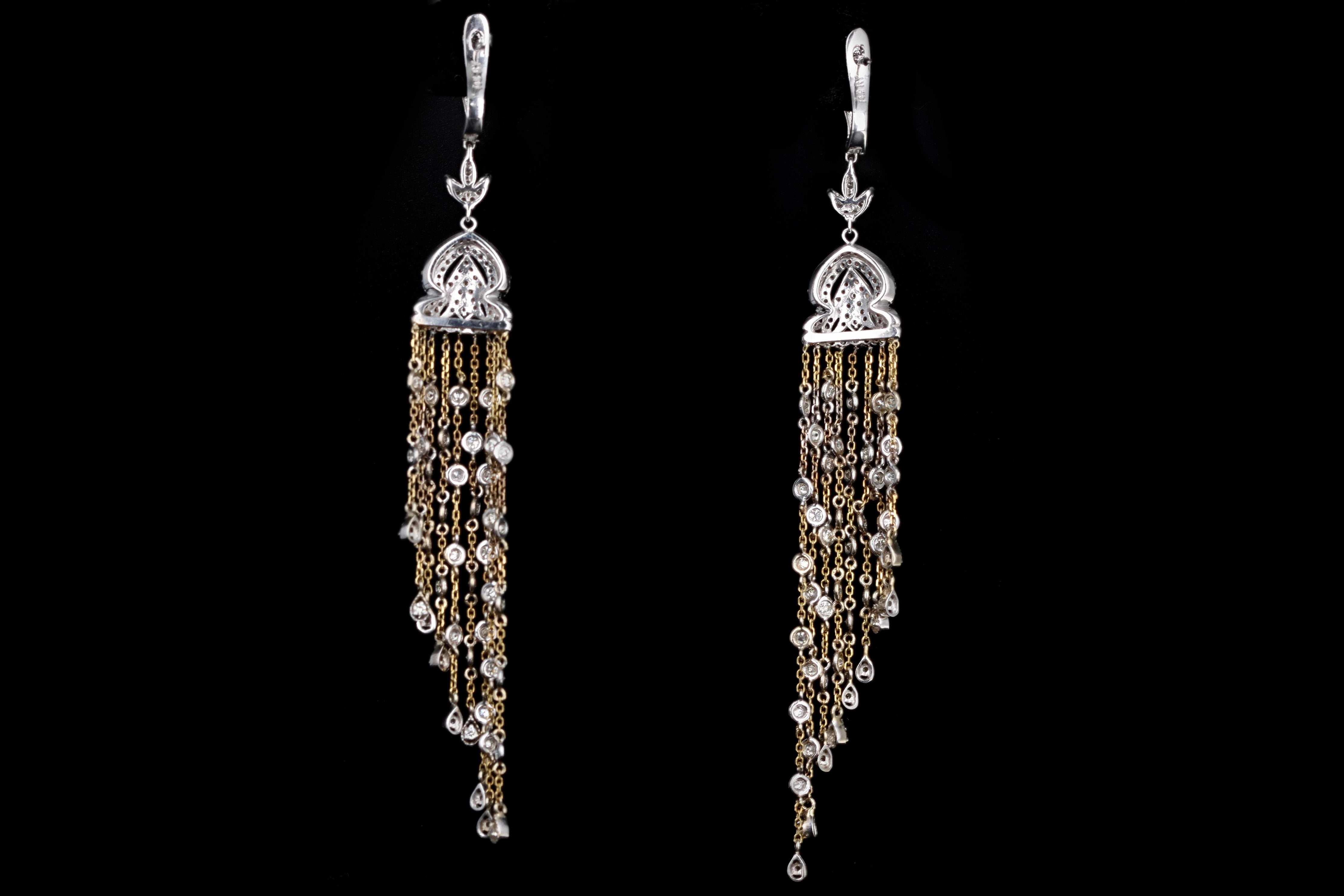 Modern 14K White and Yellow Gold 3 Carats in Total Round Diamond Dangle Earrings - Queen May