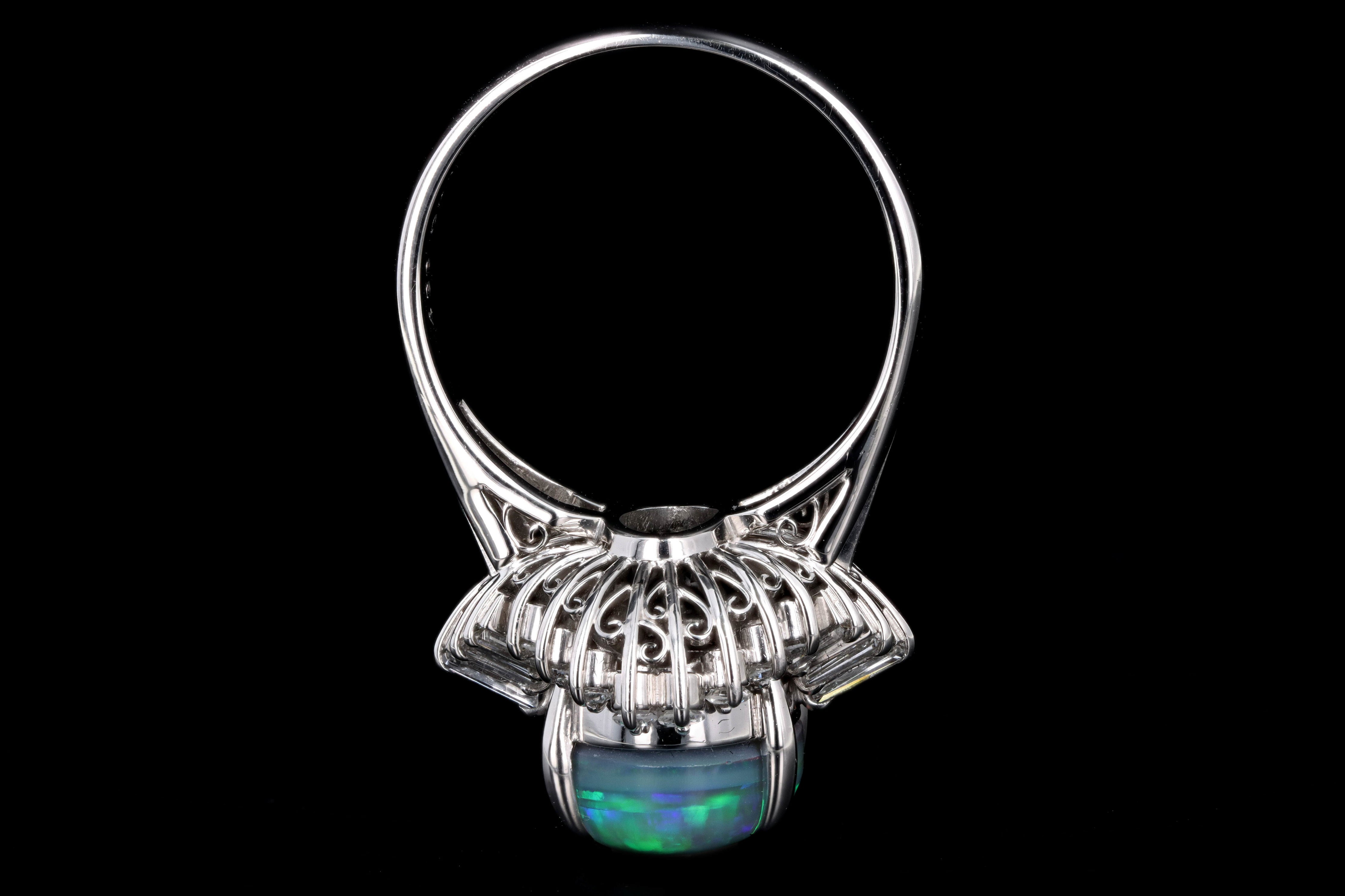 Retro Platinum 4.36 Carat Oval Cabochon Cut Black Opal & Diamond Ring - Queen May